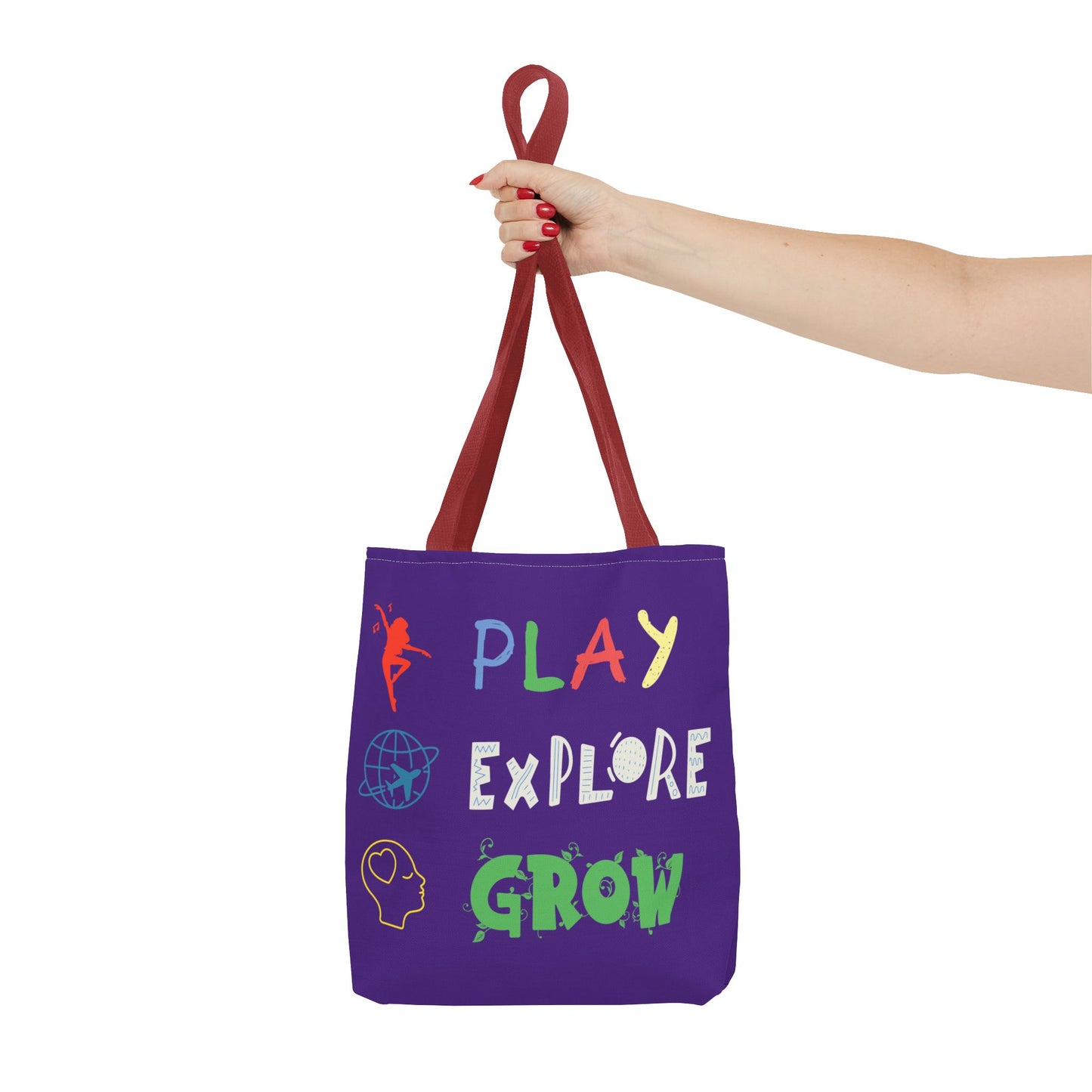 Tote Bag (Purple) | Play Explore Grow | Design for Book Lovers, Students, Teachers, Gifts, Everyday Use