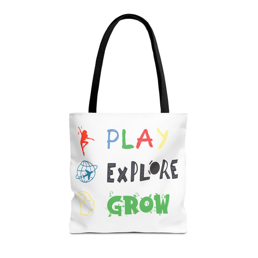 Tote Bag (White) | Play Explore Grow | Design for Book Lovers, Students, Teachers, Gifts, Everyday Use