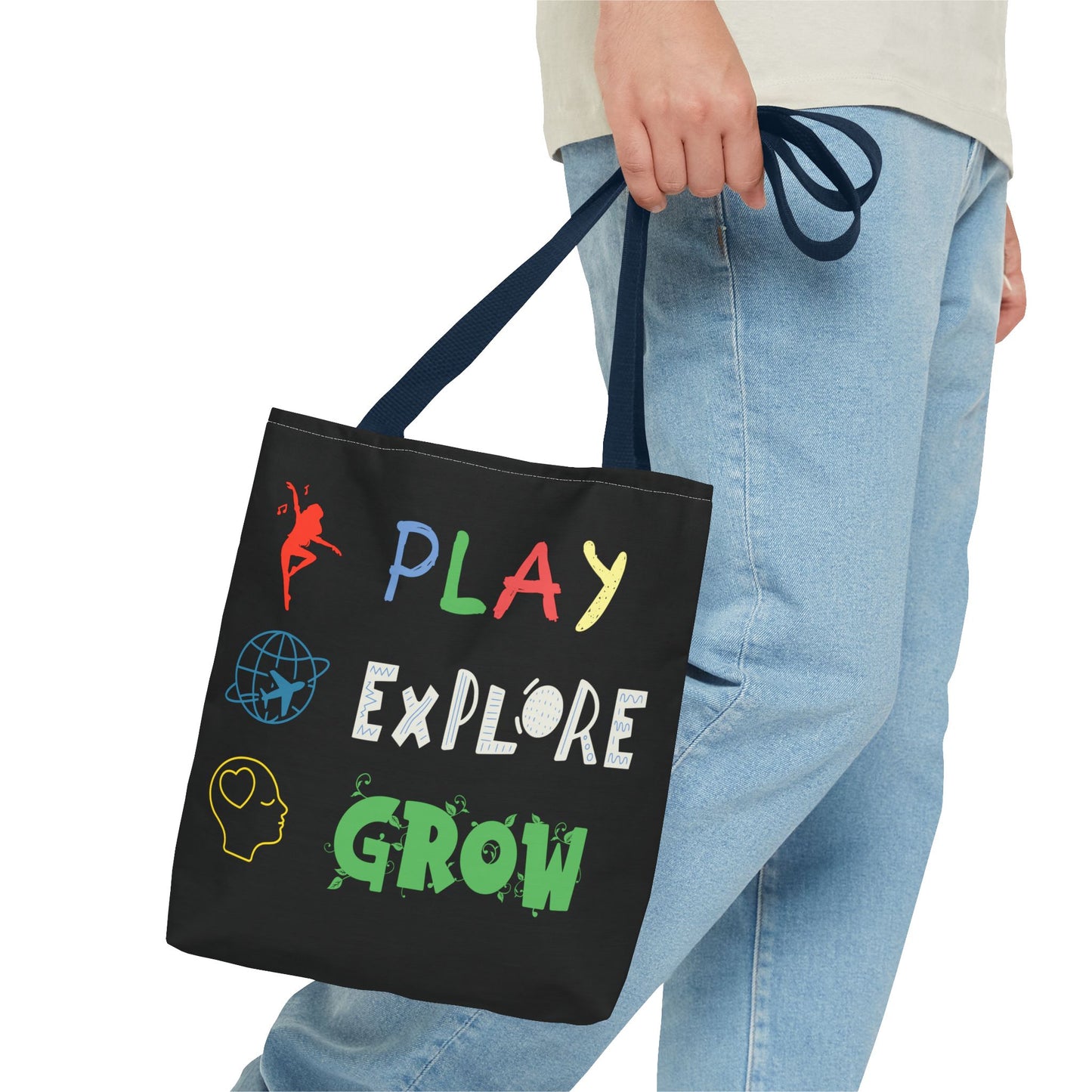 Tote Bag (Black) | Play Explore Grow | Design for Book Lovers, Students, Teachers, Gifts, Everyday Use
