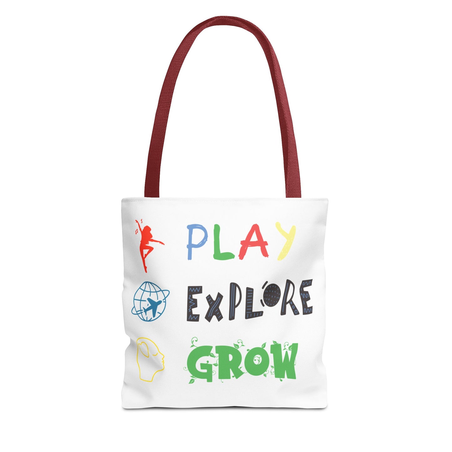 Tote Bag (White) | Play Explore Grow | Design for Book Lovers, Students, Teachers, Gifts, Everyday Use
