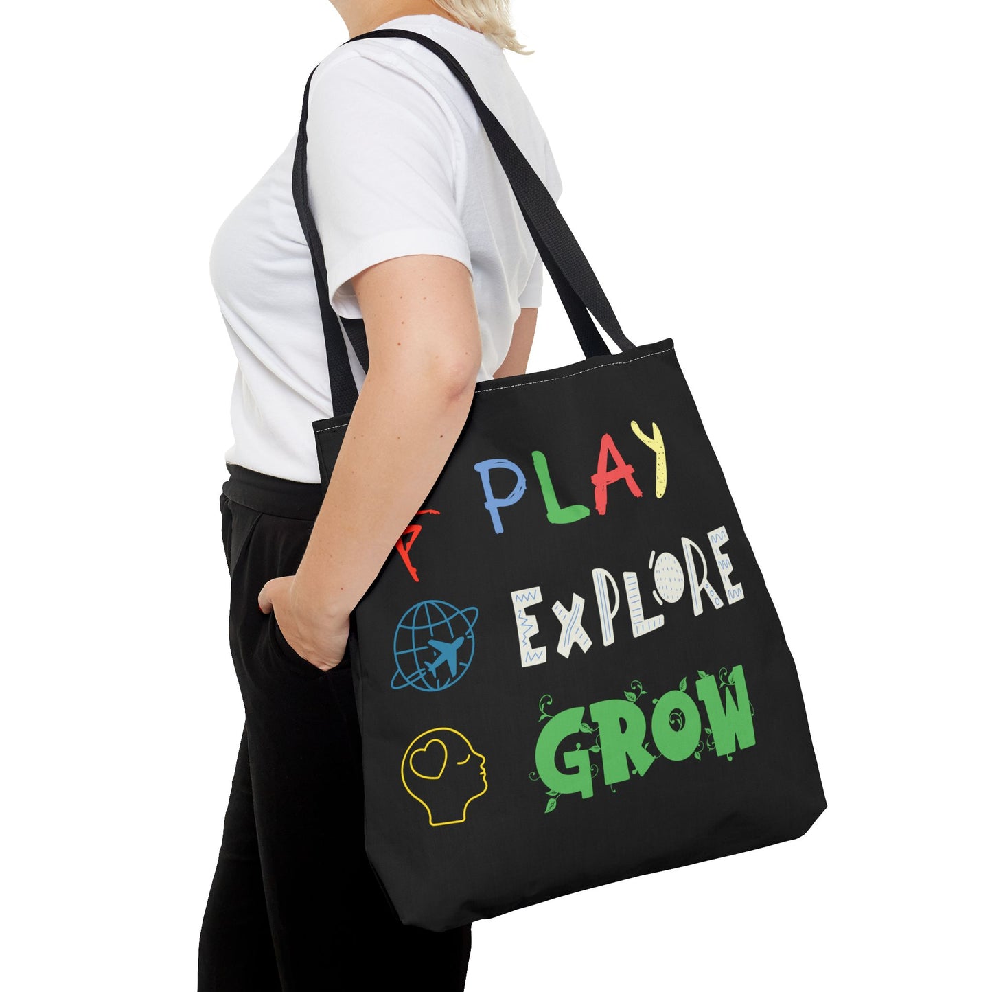 Tote Bag (Black) | Play Explore Grow | Design for Book Lovers, Students, Teachers, Gifts, Everyday Use