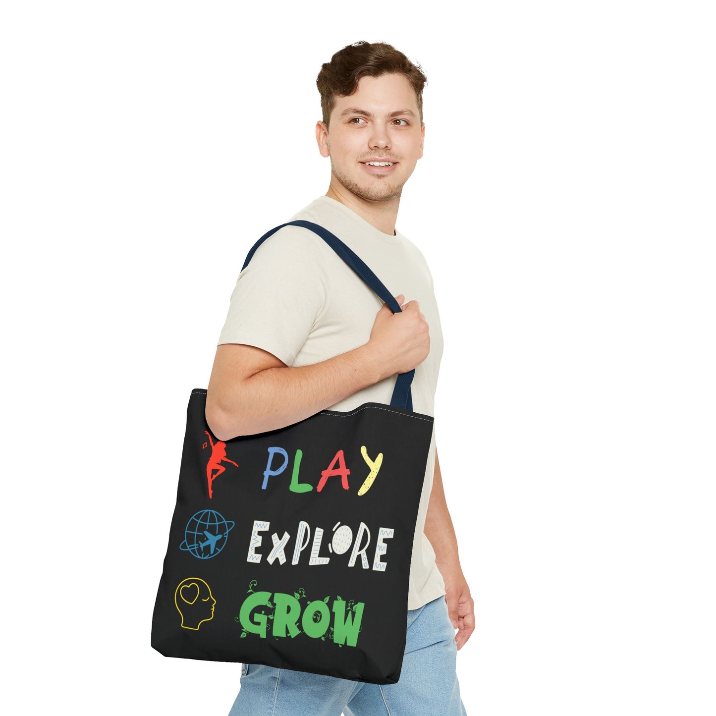 Tote Bag (Black) | Play Explore Grow | Design for Book Lovers, Students, Teachers, Gifts, Everyday Use