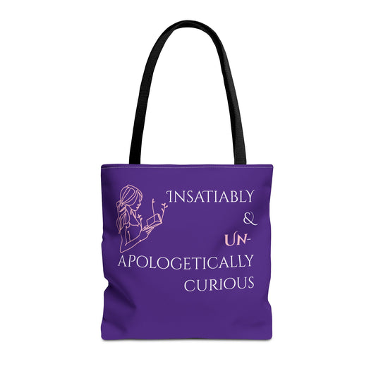 Tote Bag (Purple) | Insatiably Curious | Design for Book Lovers, Students, Teachers, Gifts, Everyday Use