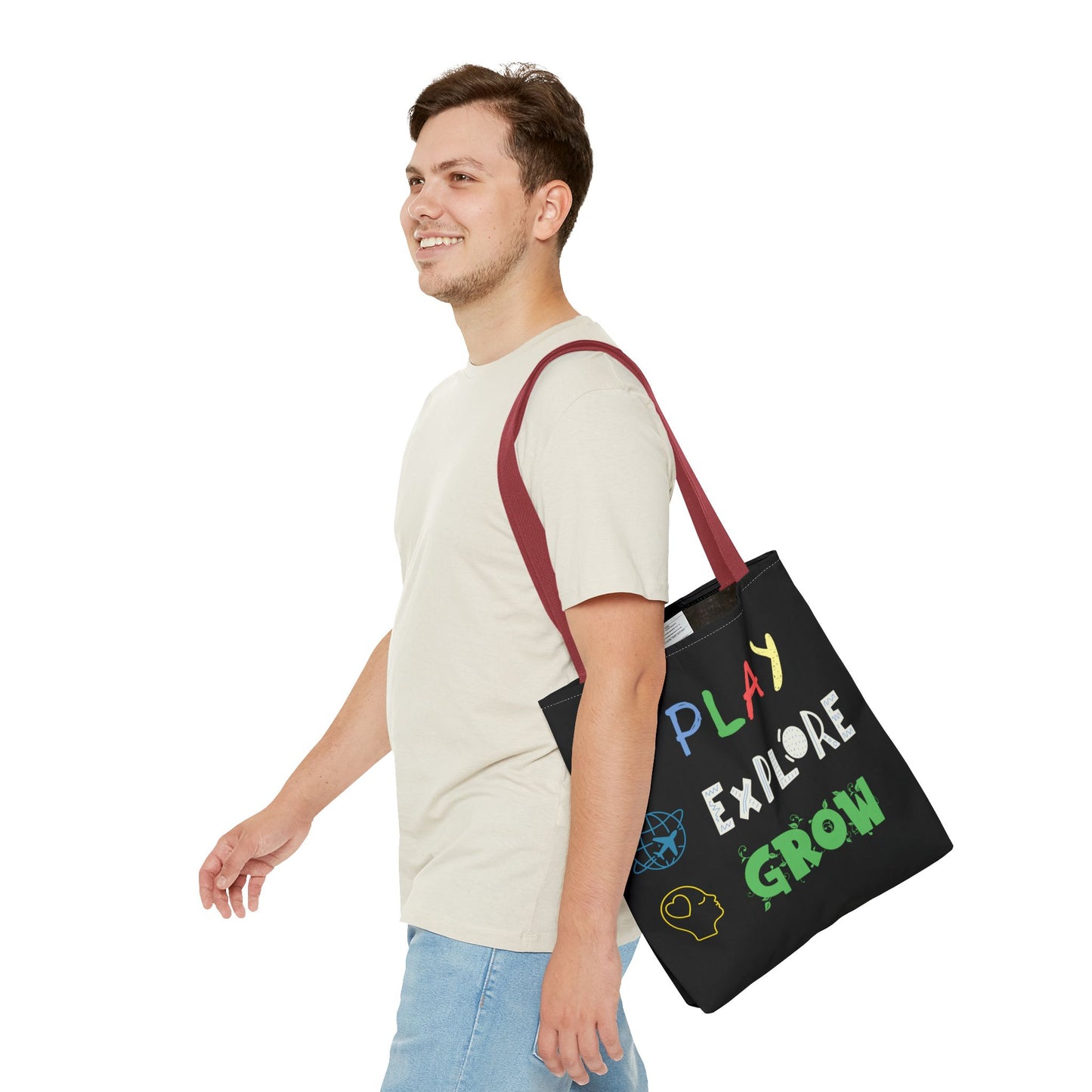 Tote Bag (Black) | Play Explore Grow | Design for Book Lovers, Students, Teachers, Gifts, Everyday Use