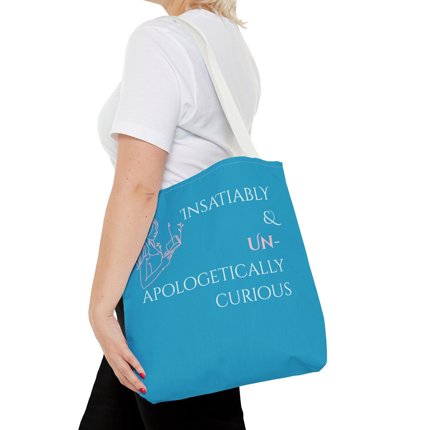 Tote Bag (Teal) | Insatiably Curious | Design for Book Lovers, Students, Teachers, Gifts, Everyday Use
