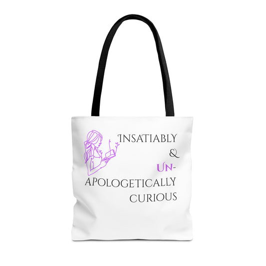 Tote Bag (White) | Insatiably Curious | Design for Book Lovers, Students, Teachers, Gifts, Everyday Use