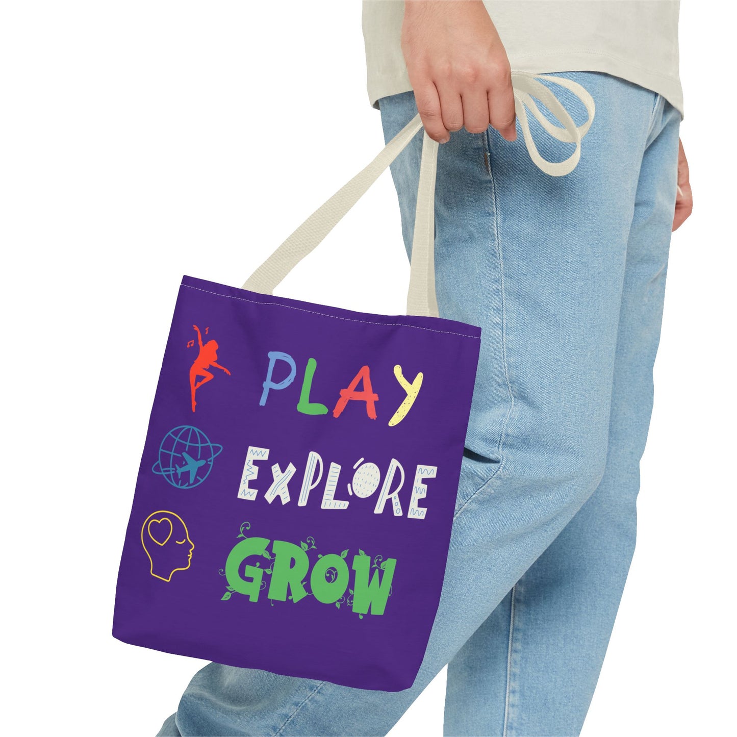 Tote Bag (Purple) | Play Explore Grow | Design for Book Lovers, Students, Teachers, Gifts, Everyday Use