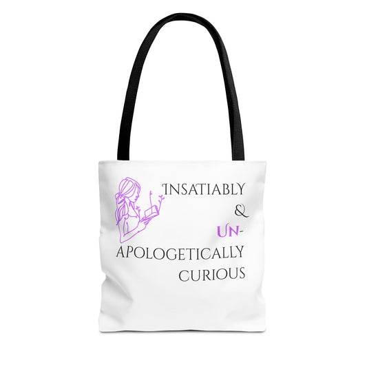 Tote Bag (White) | Insatiably Curious | Design for Book Lovers, Students, Teachers, Gifts, Everyday Use