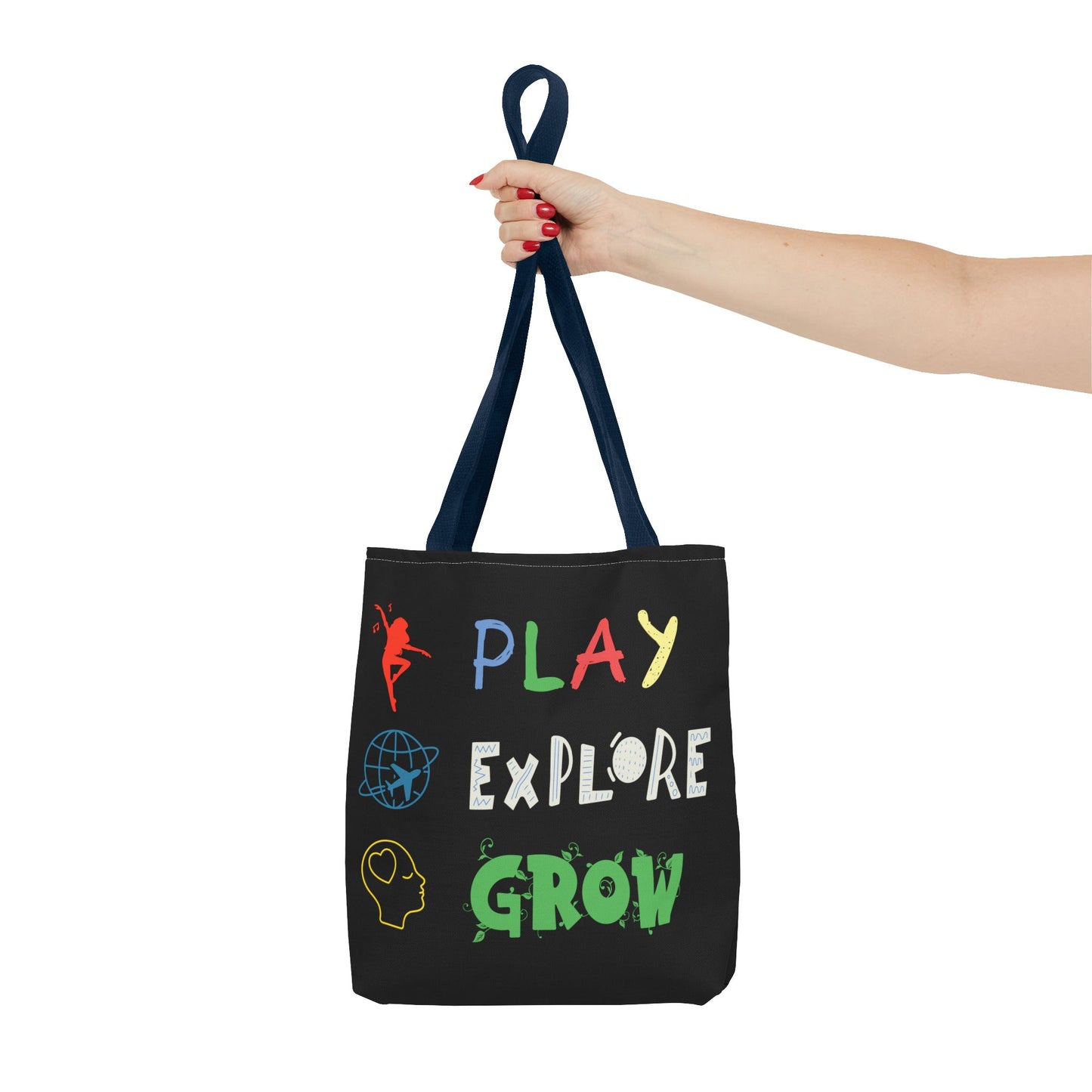Tote Bag (Black) | Play Explore Grow | Design for Book Lovers, Students, Teachers, Gifts, Everyday Use