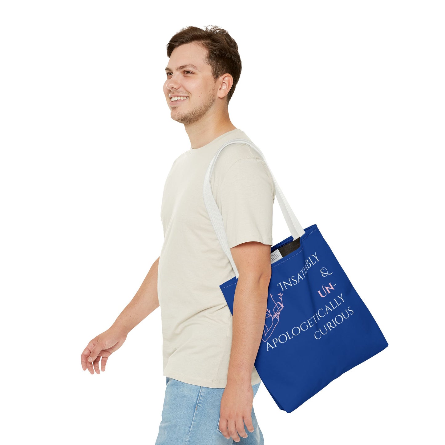 Tote Bag (Blue) | Insatiably Curious | Design for Book Lovers, Students, Teachers, Gifts, Everyday Use