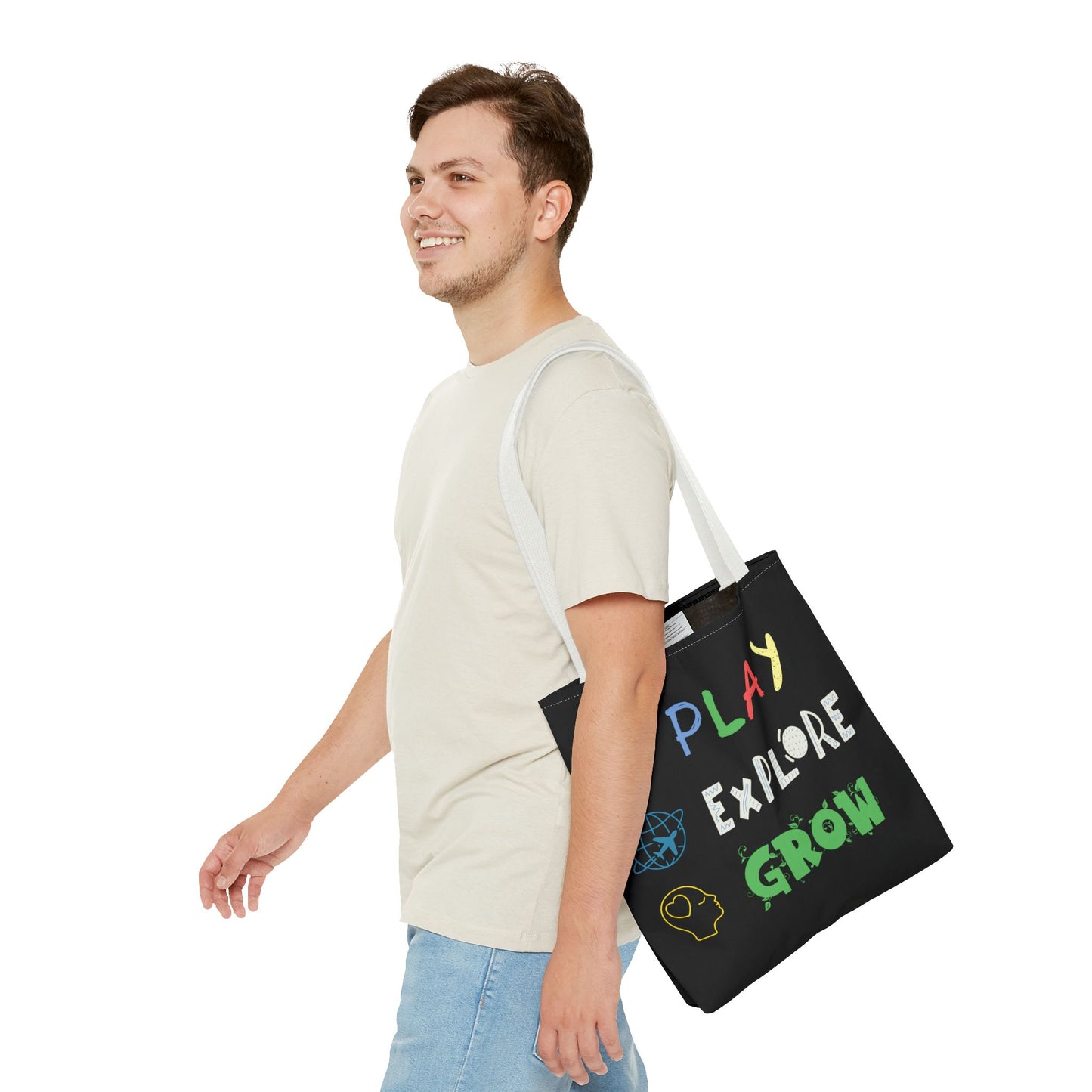 Tote Bag (Black) | Play Explore Grow | Design for Book Lovers, Students, Teachers, Gifts, Everyday Use