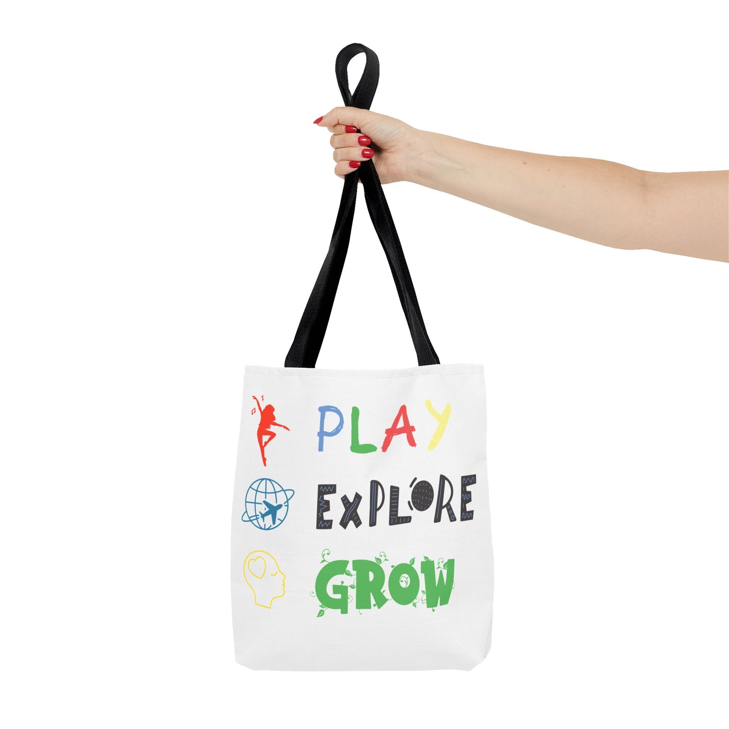 Tote Bag (White) | Play Explore Grow | Design for Book Lovers, Students, Teachers, Gifts, Everyday Use