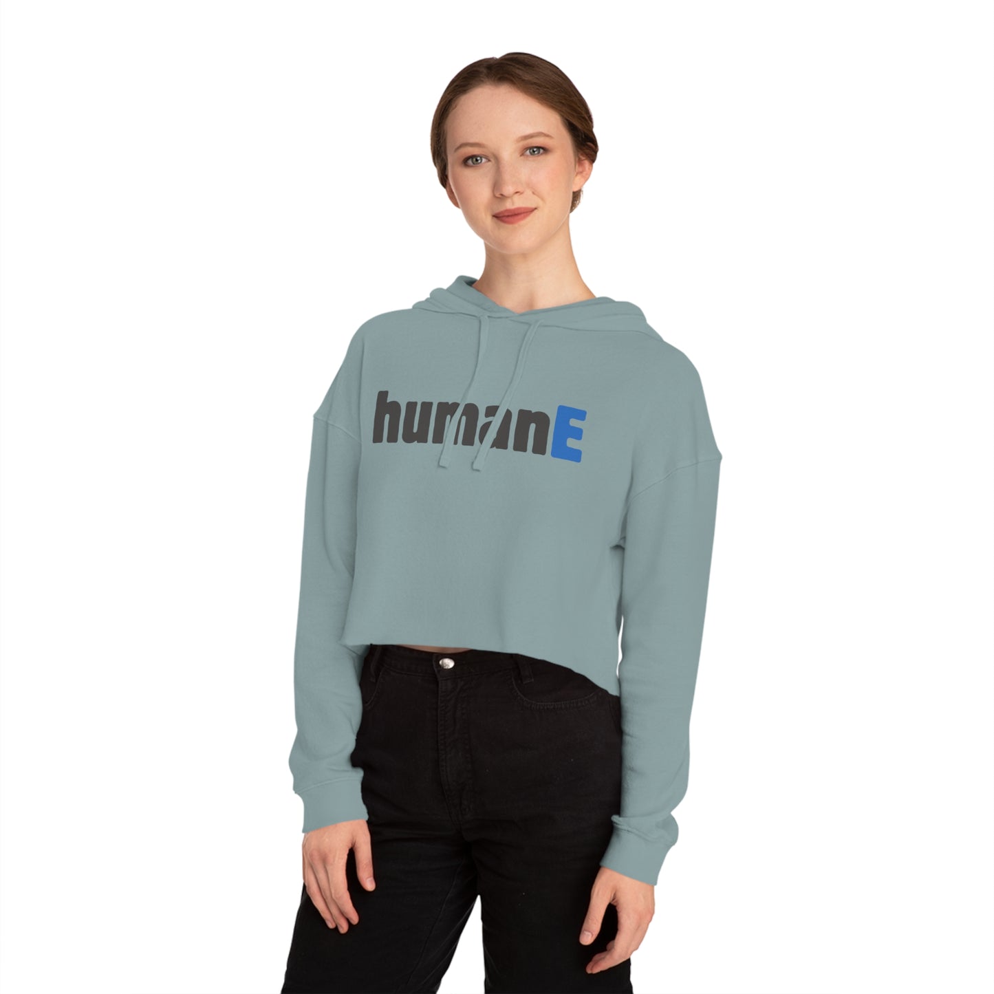 Women’s Cropped Hooded Sweatshirt | humanE (front print)