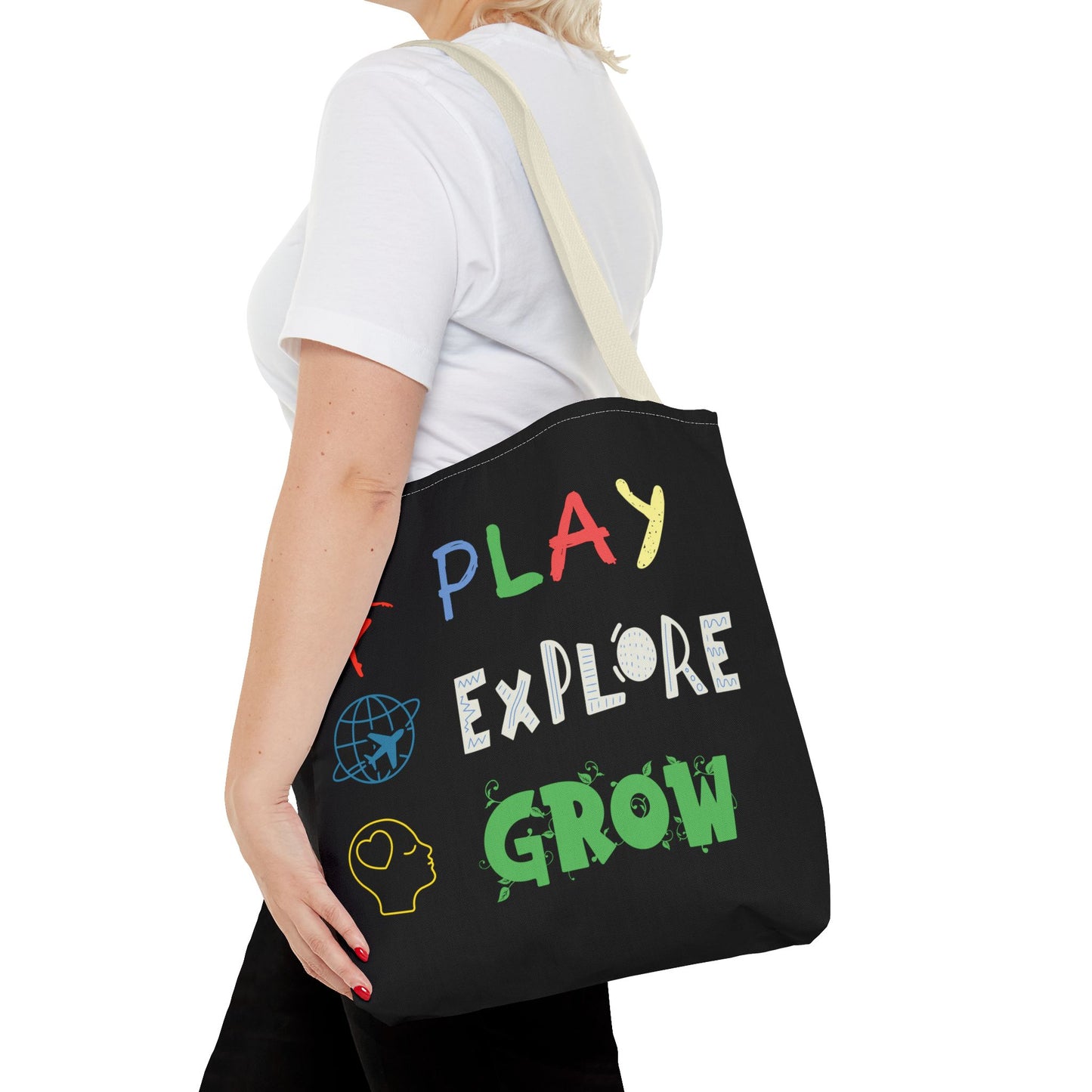 Tote Bag (Black) | Play Explore Grow | Design for Book Lovers, Students, Teachers, Gifts, Everyday Use
