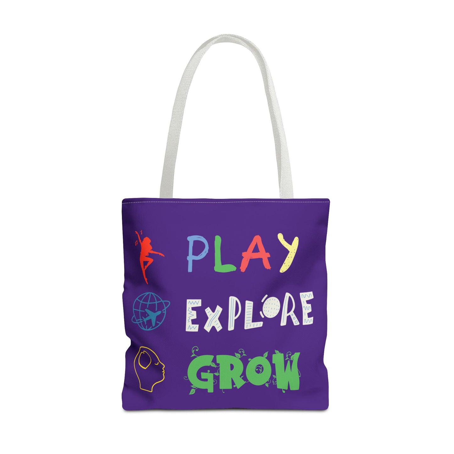 Tote Bag (Purple) | Play Explore Grow | Design for Book Lovers, Students, Teachers, Gifts, Everyday Use