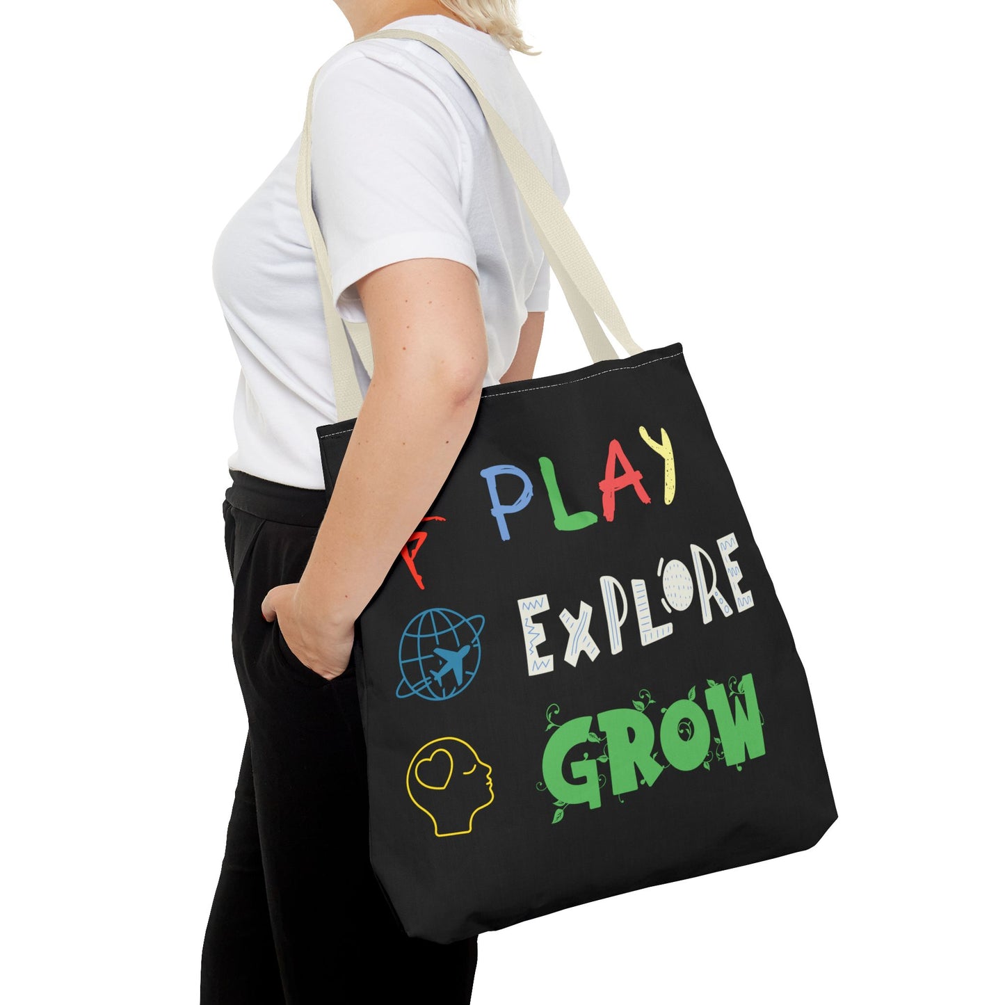 Tote Bag (Black) | Play Explore Grow | Design for Book Lovers, Students, Teachers, Gifts, Everyday Use