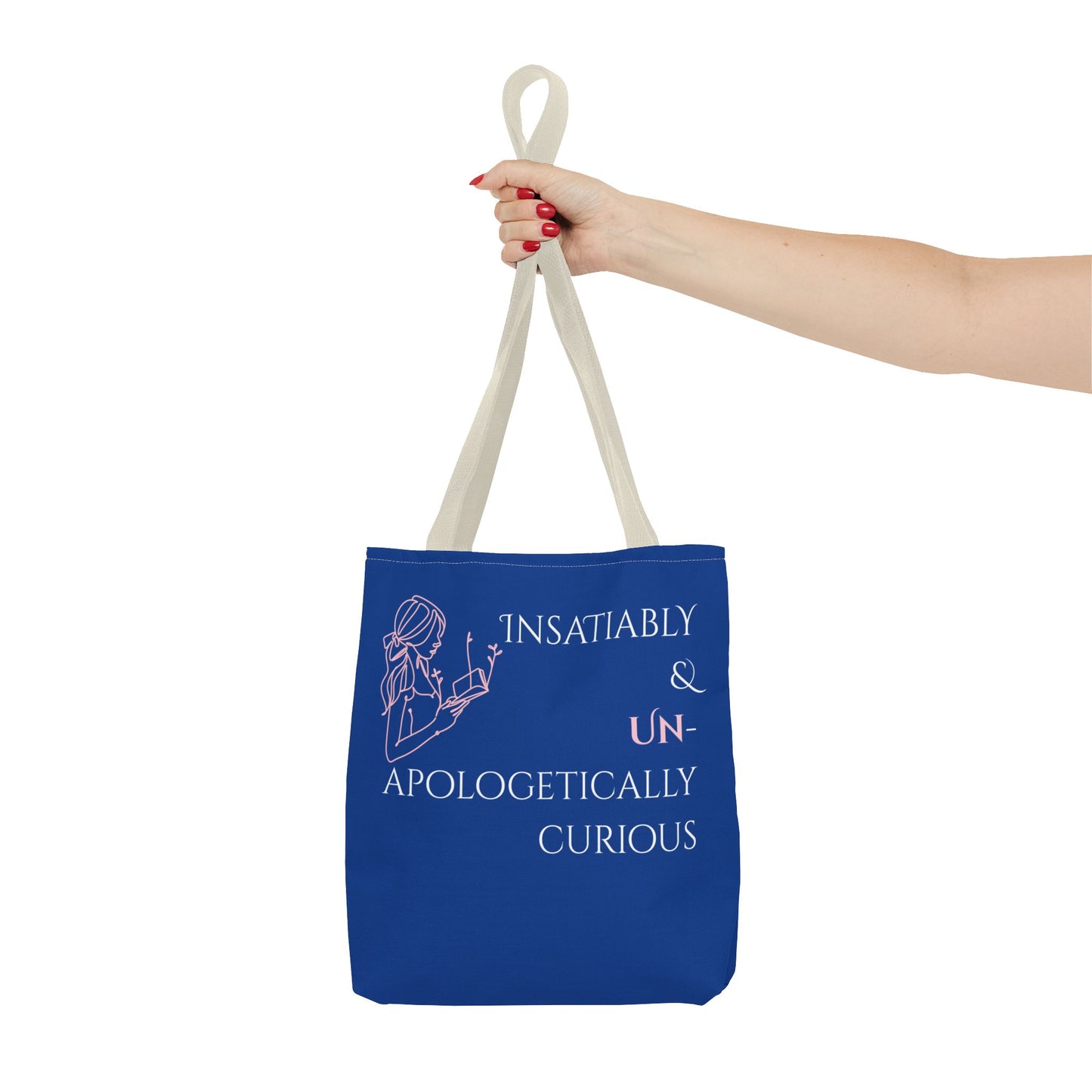 Tote Bag (Blue) | Insatiably Curious | Design for Book Lovers, Students, Teachers, Gifts, Everyday Use