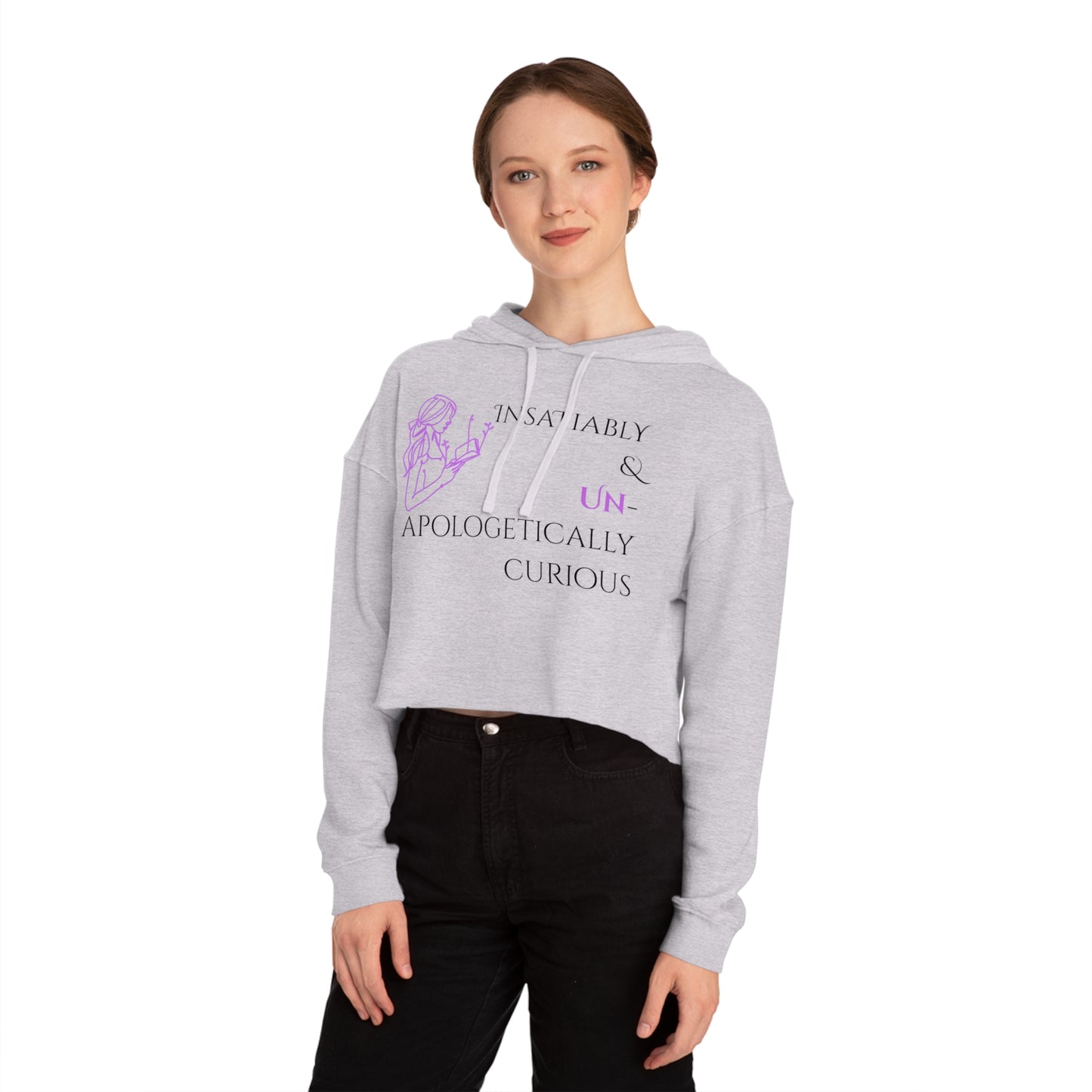 Women’s Cropped Hooded Sweatshirt | Insatiably Curious (Front print)