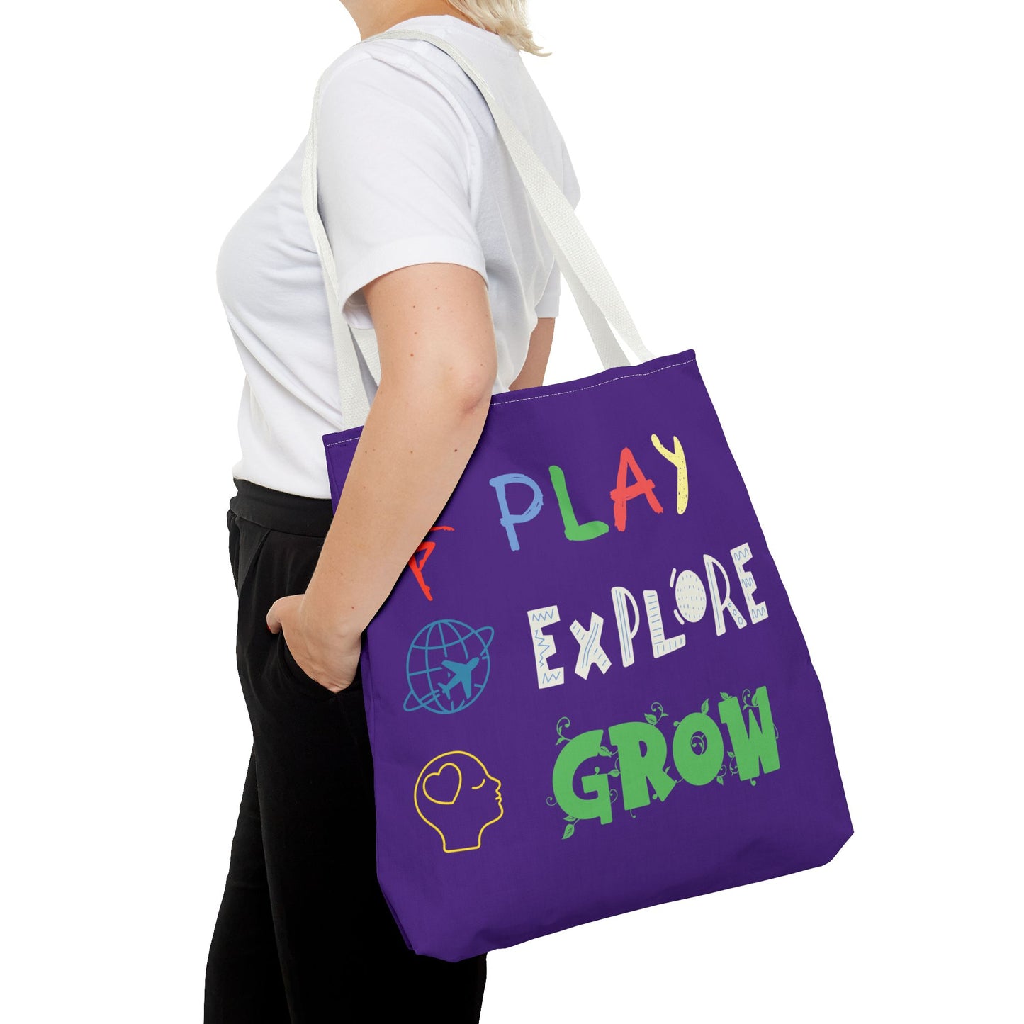 Tote Bag (Purple) | Play Explore Grow | Design for Book Lovers, Students, Teachers, Gifts, Everyday Use