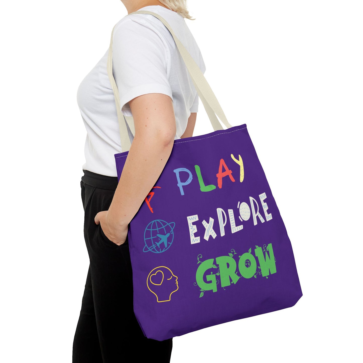 Tote Bag (Purple) | Play Explore Grow | Design for Book Lovers, Students, Teachers, Gifts, Everyday Use