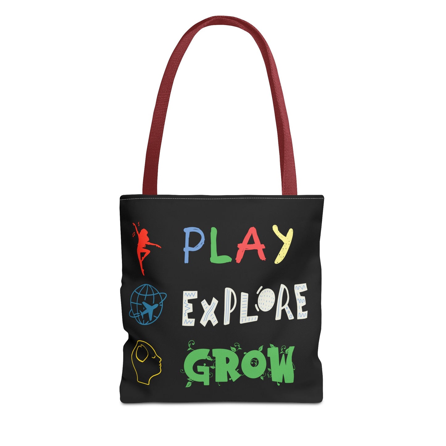 Tote Bag (Black) | Play Explore Grow | Design for Book Lovers, Students, Teachers, Gifts, Everyday Use