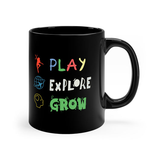 Black Coffee Mug, 11oz, both sides | Play Explore Grow