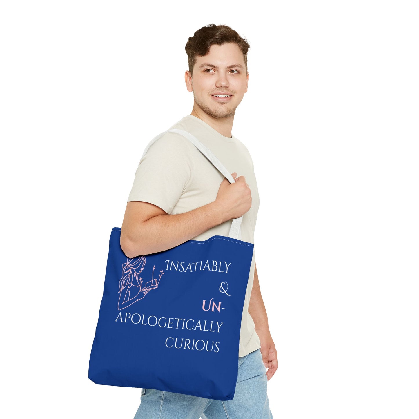 Tote Bag (Blue) | Insatiably Curious | Design for Book Lovers, Students, Teachers, Gifts, Everyday Use