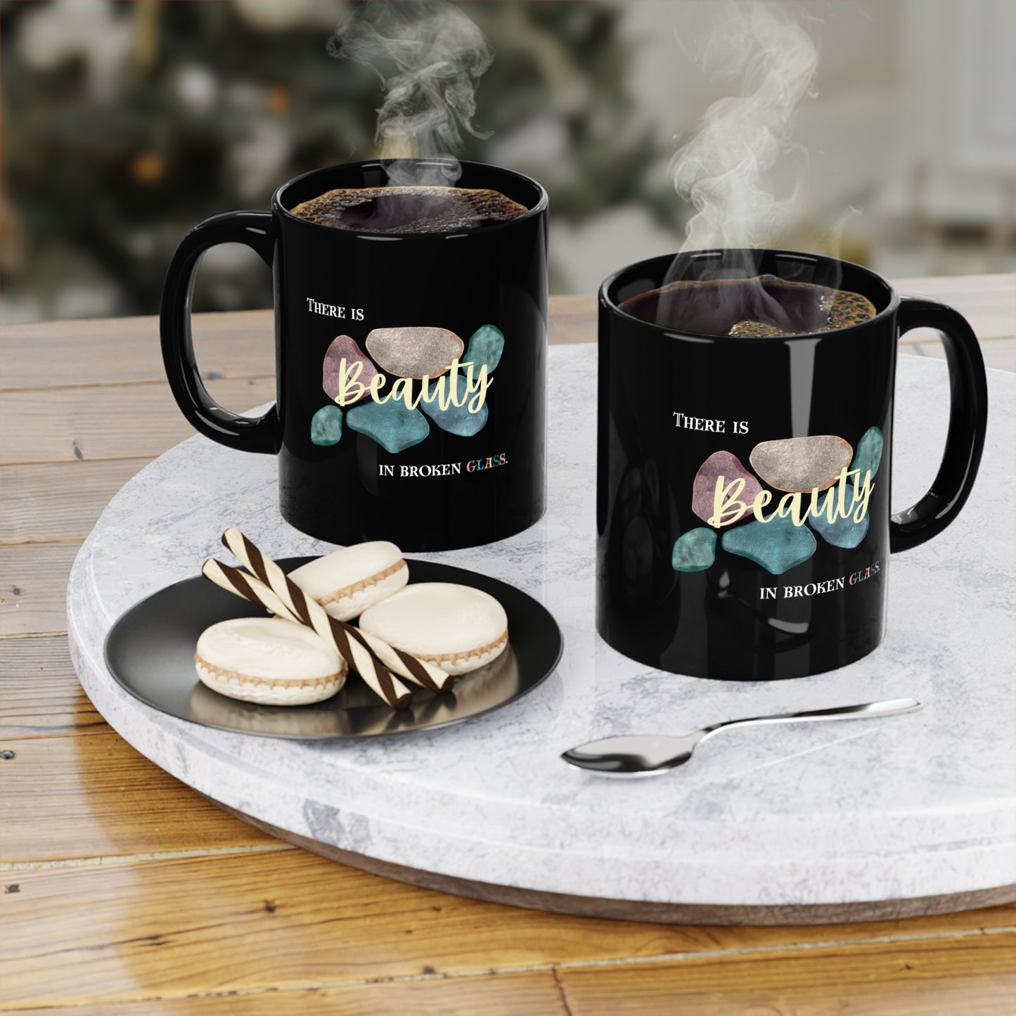 Black Coffee Mug, 11oz, both sides | Beauty in Broken Glass