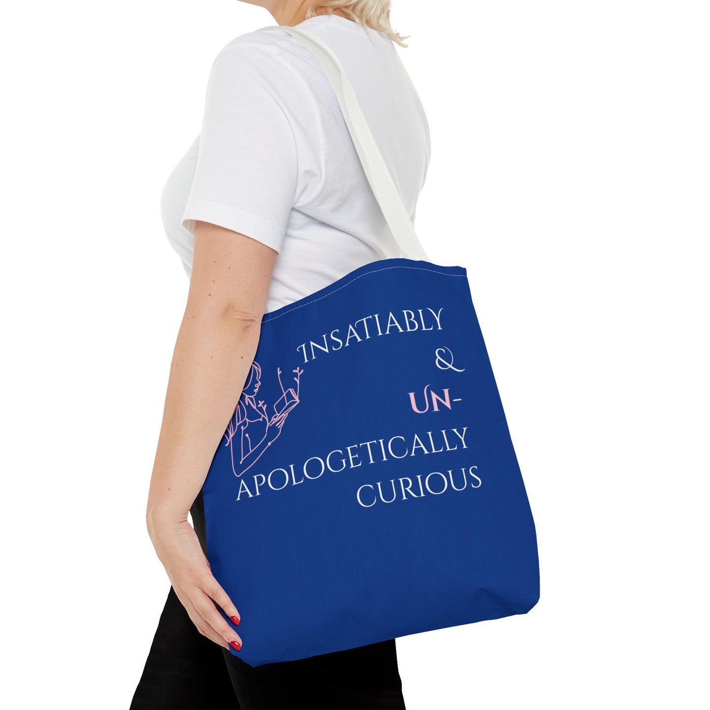 Tote Bag (Blue) | Insatiably Curious | Design for Book Lovers, Students, Teachers, Gifts, Everyday Use