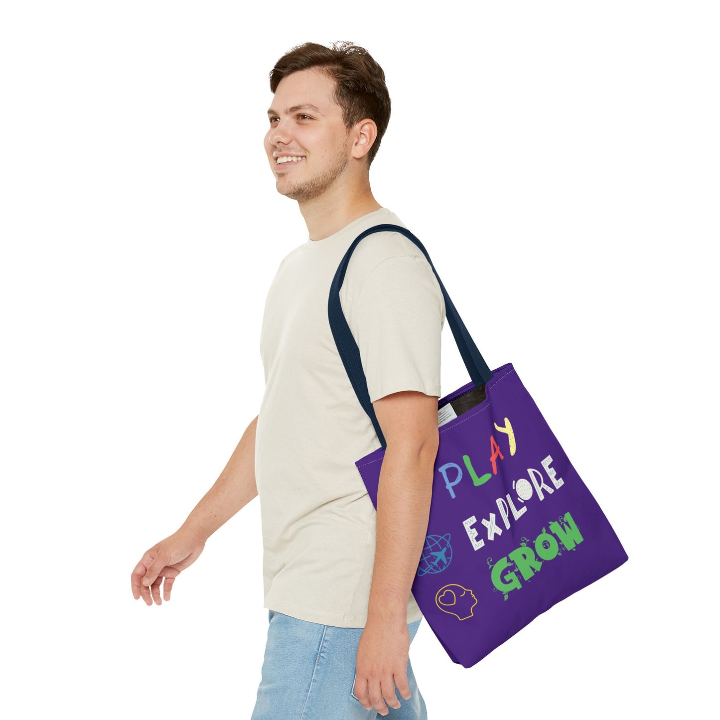 Tote Bag (Purple) | Play Explore Grow | Design for Book Lovers, Students, Teachers, Gifts, Everyday Use