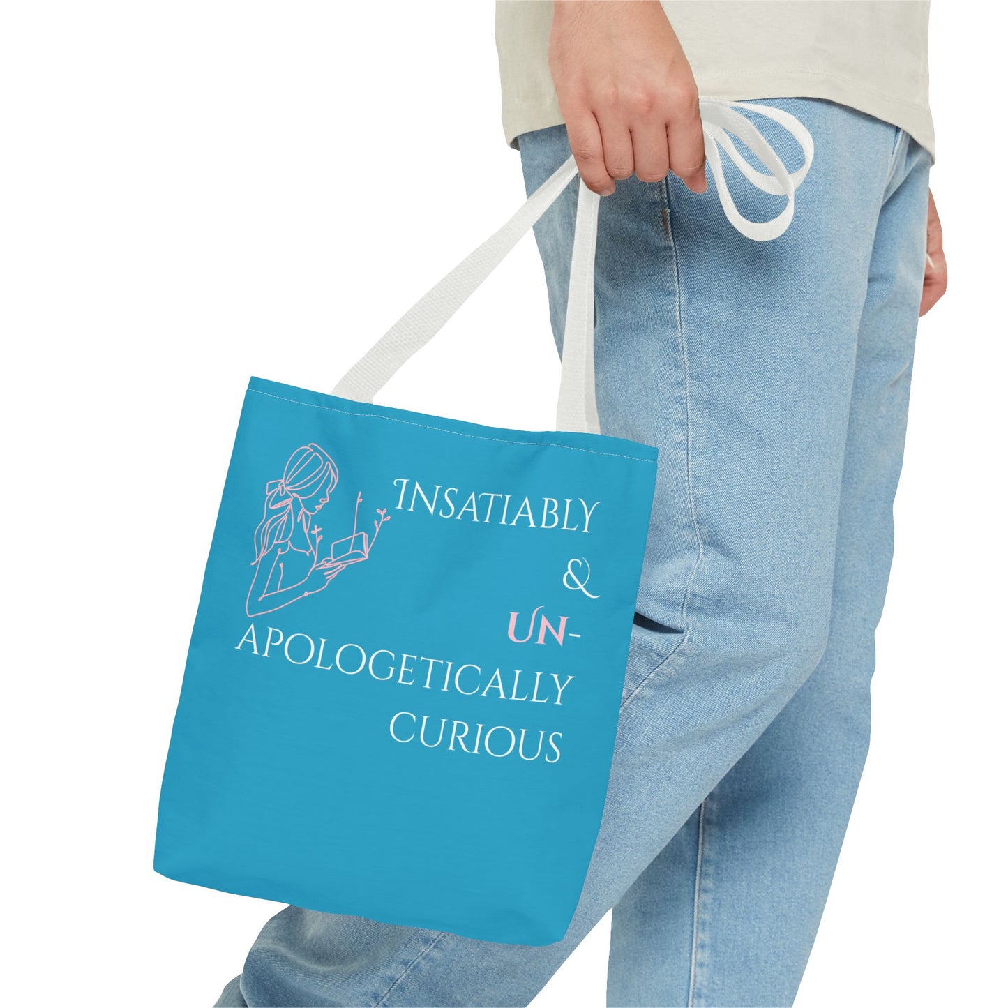 Tote Bag (Teal) | Insatiably Curious | Design for Book Lovers, Students, Teachers, Gifts, Everyday Use