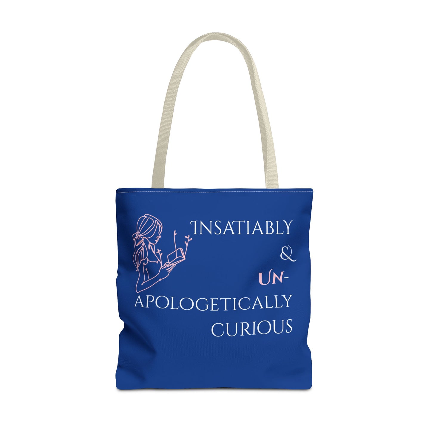 Tote Bag (Blue) | Insatiably Curious | Design for Book Lovers, Students, Teachers, Gifts, Everyday Use