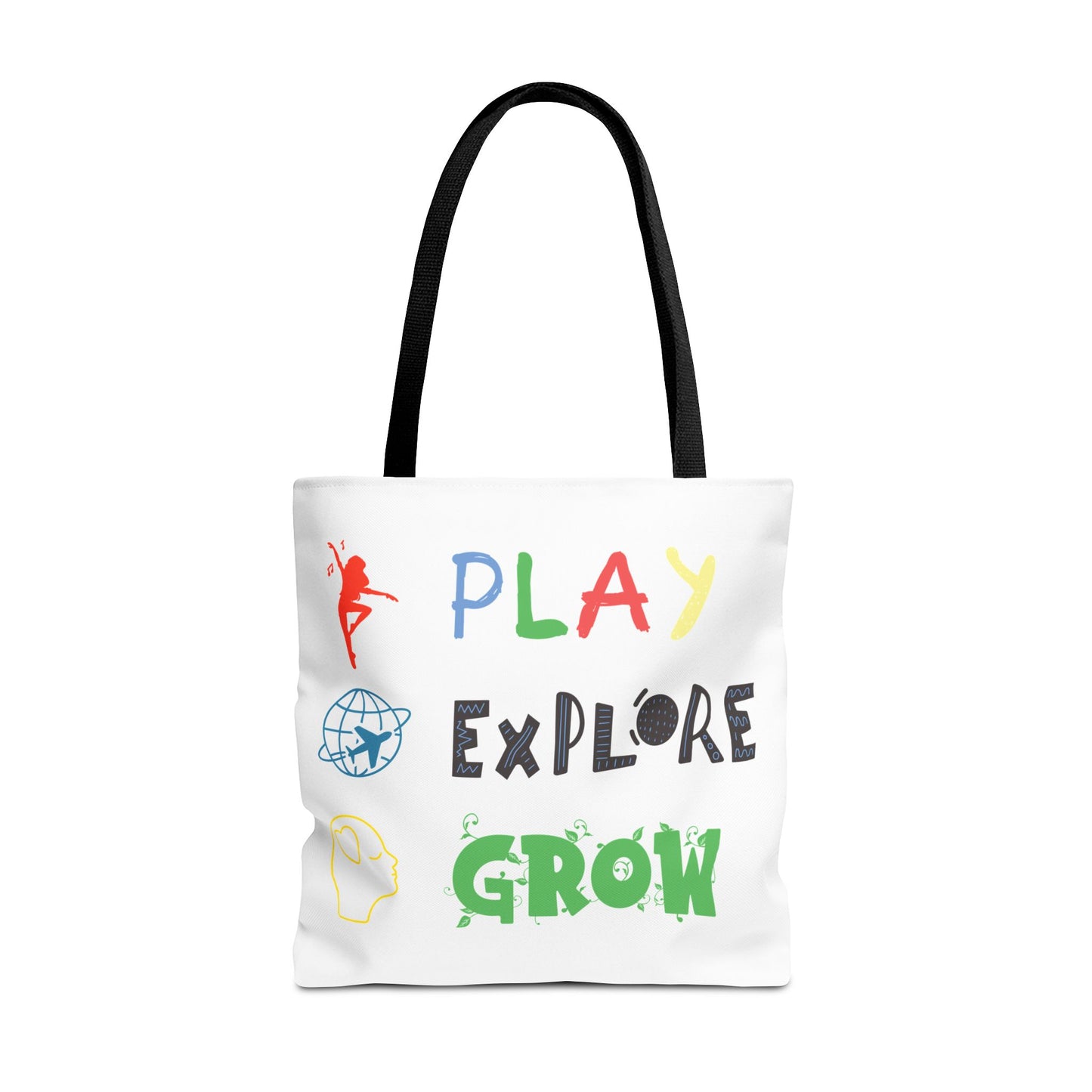 Tote Bag (White) | Play Explore Grow | Design for Book Lovers, Students, Teachers, Gifts, Everyday Use