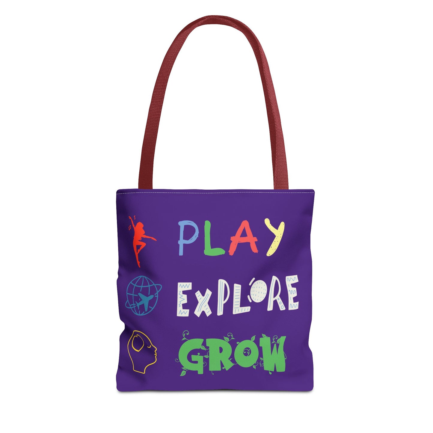 Tote Bag (Purple) | Play Explore Grow | Design for Book Lovers, Students, Teachers, Gifts, Everyday Use