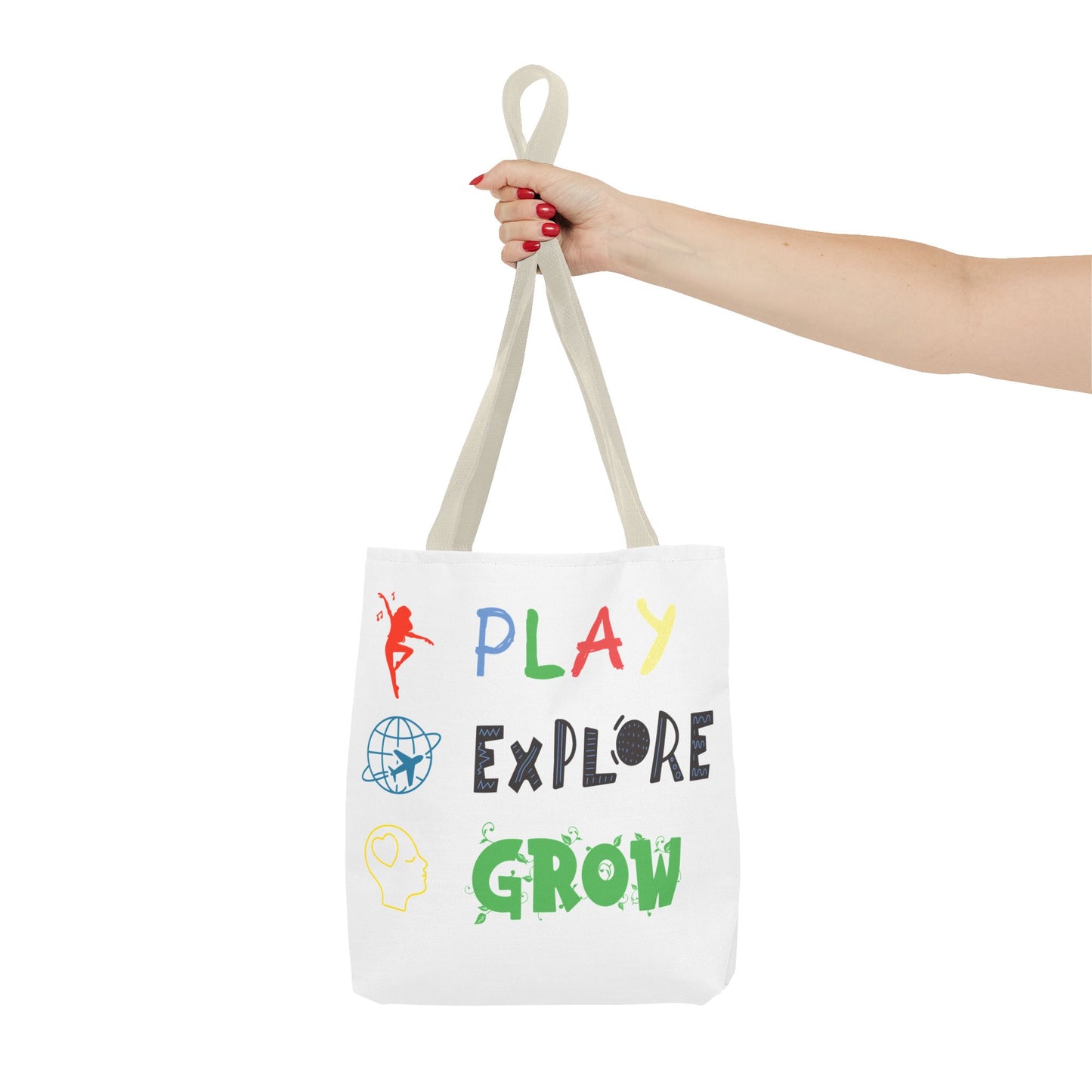 Tote Bag (White) | Play Explore Grow | Design for Book Lovers, Students, Teachers, Gifts, Everyday Use