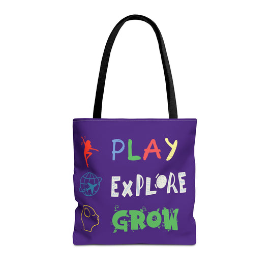 Tote Bag (Purple) | Play Explore Grow | Design for Book Lovers, Students, Teachers, Gifts, Everyday Use