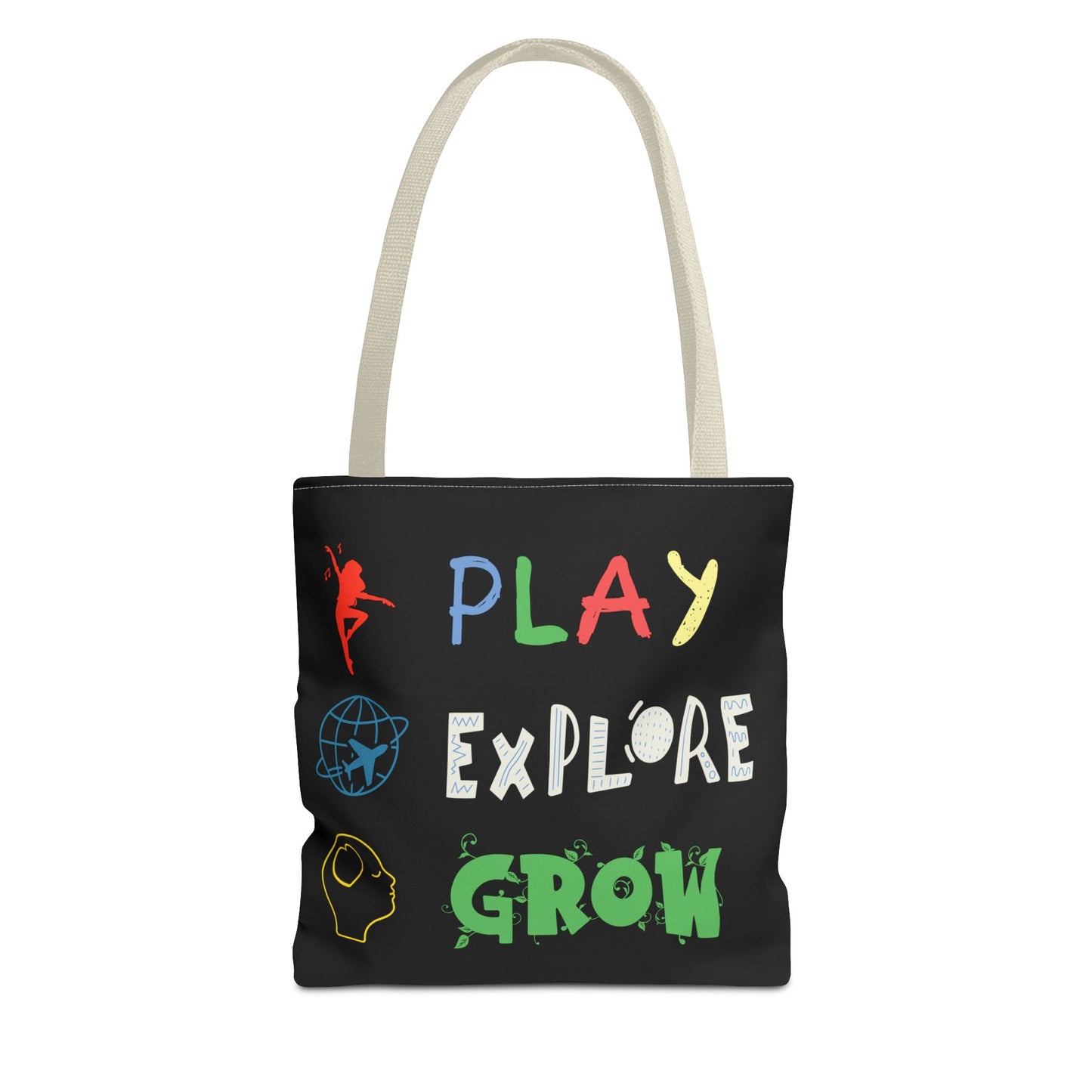 Tote Bag (Black) | Play Explore Grow | Design for Book Lovers, Students, Teachers, Gifts, Everyday Use