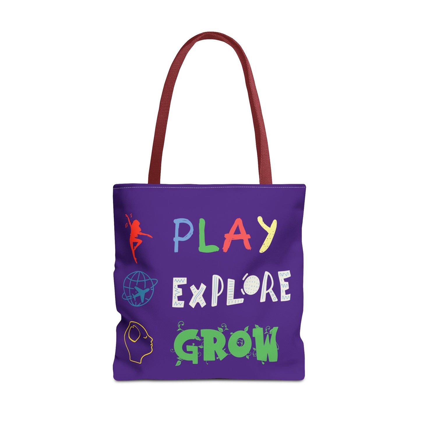 Tote Bag (Purple) | Play Explore Grow | Design for Book Lovers, Students, Teachers, Gifts, Everyday Use