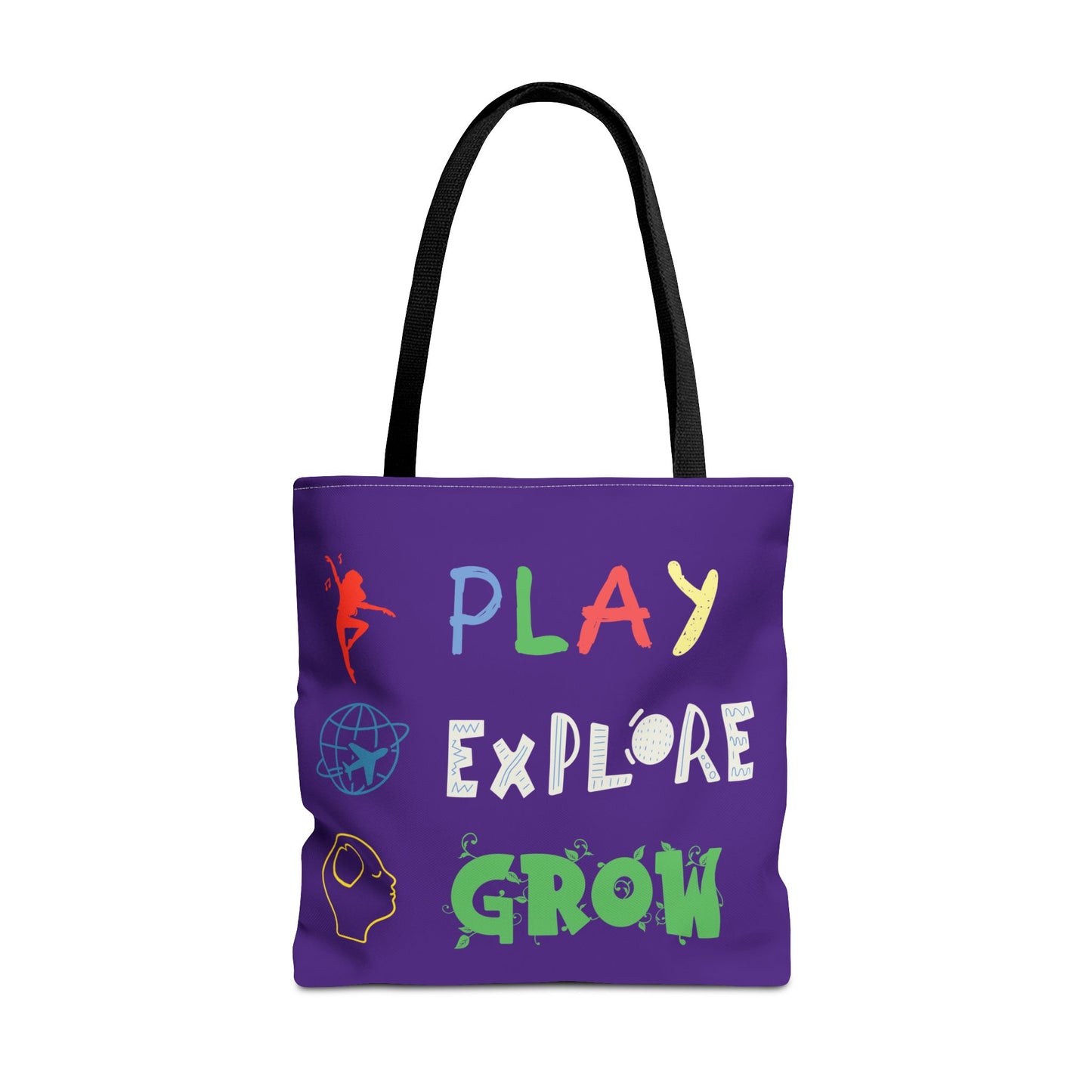 Tote Bag (Purple) | Play Explore Grow | Design for Book Lovers, Students, Teachers, Gifts, Everyday Use
