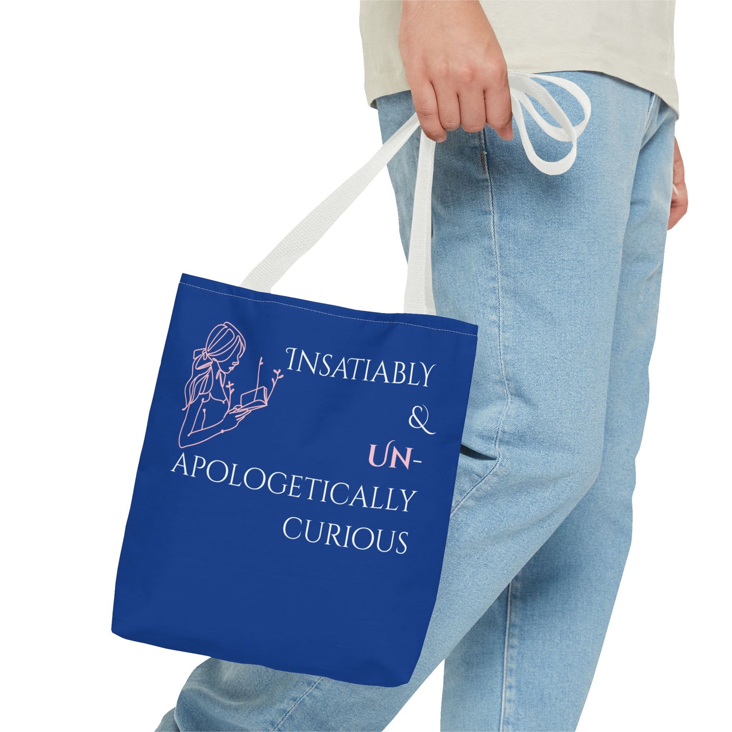 Tote Bag (Blue) | Insatiably Curious | Design for Book Lovers, Students, Teachers, Gifts, Everyday Use