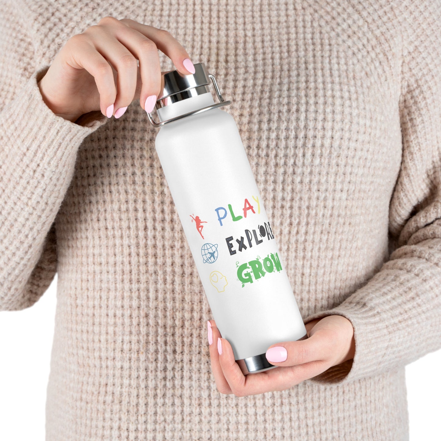 Water Bottle, Insulated Drink Container (white, black) | Play Explore Grow