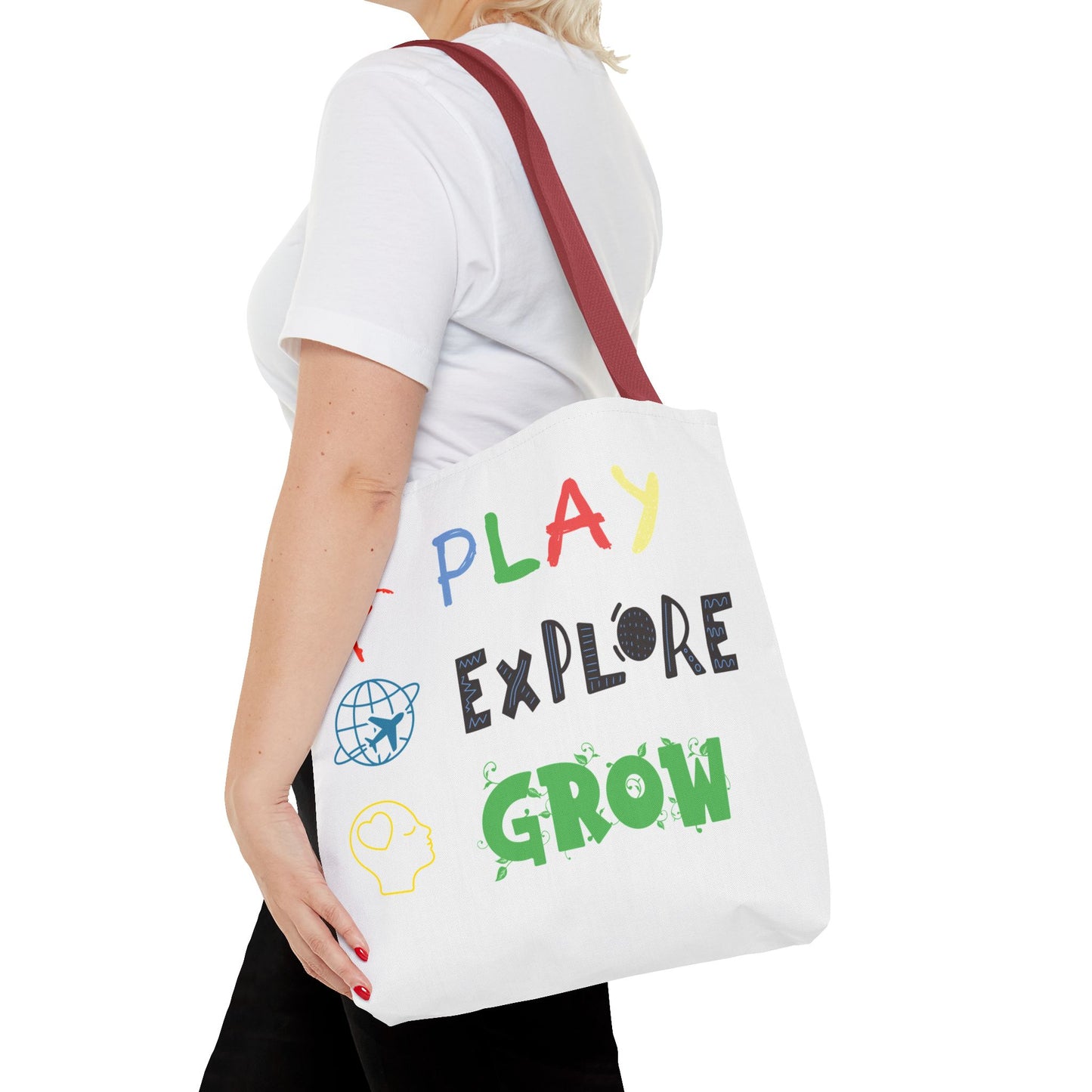 Tote Bag (White) | Play Explore Grow | Design for Book Lovers, Students, Teachers, Gifts, Everyday Use