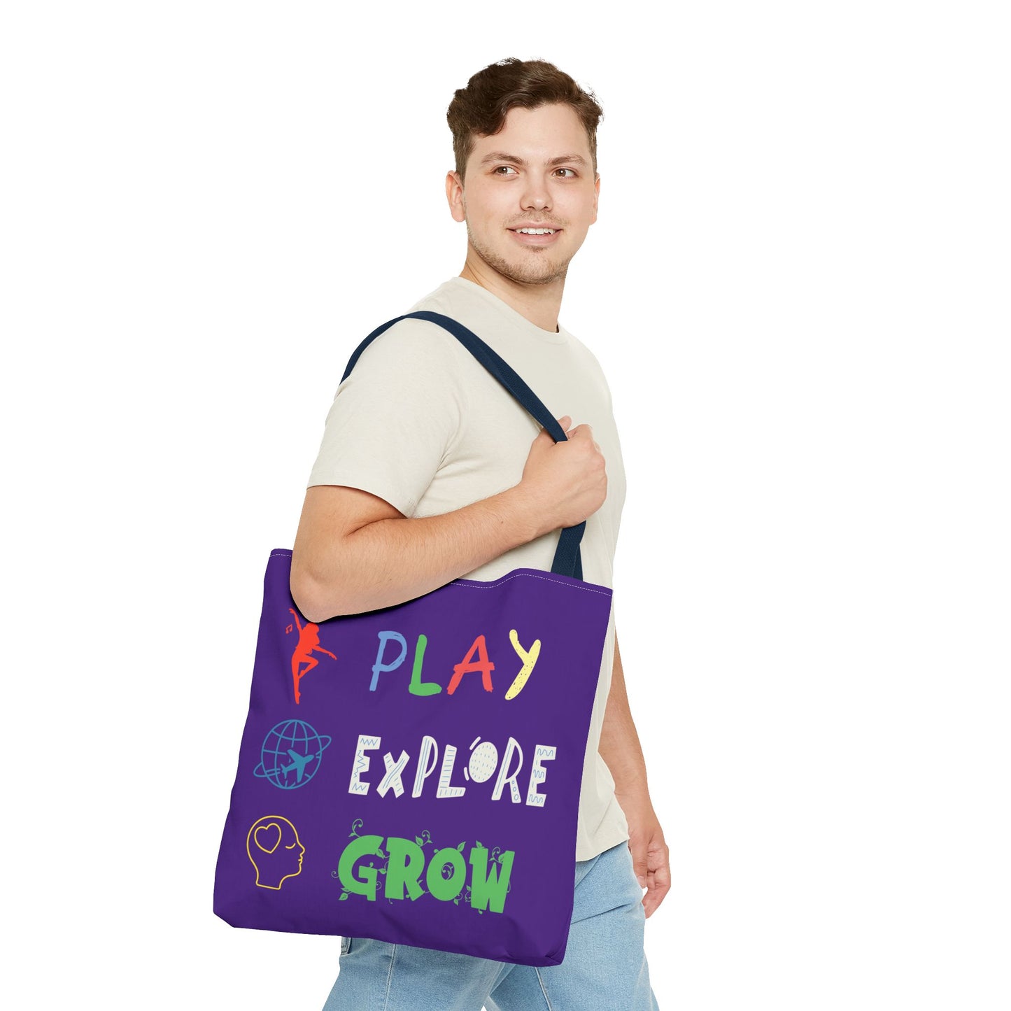 Tote Bag (Purple) | Play Explore Grow | Design for Book Lovers, Students, Teachers, Gifts, Everyday Use