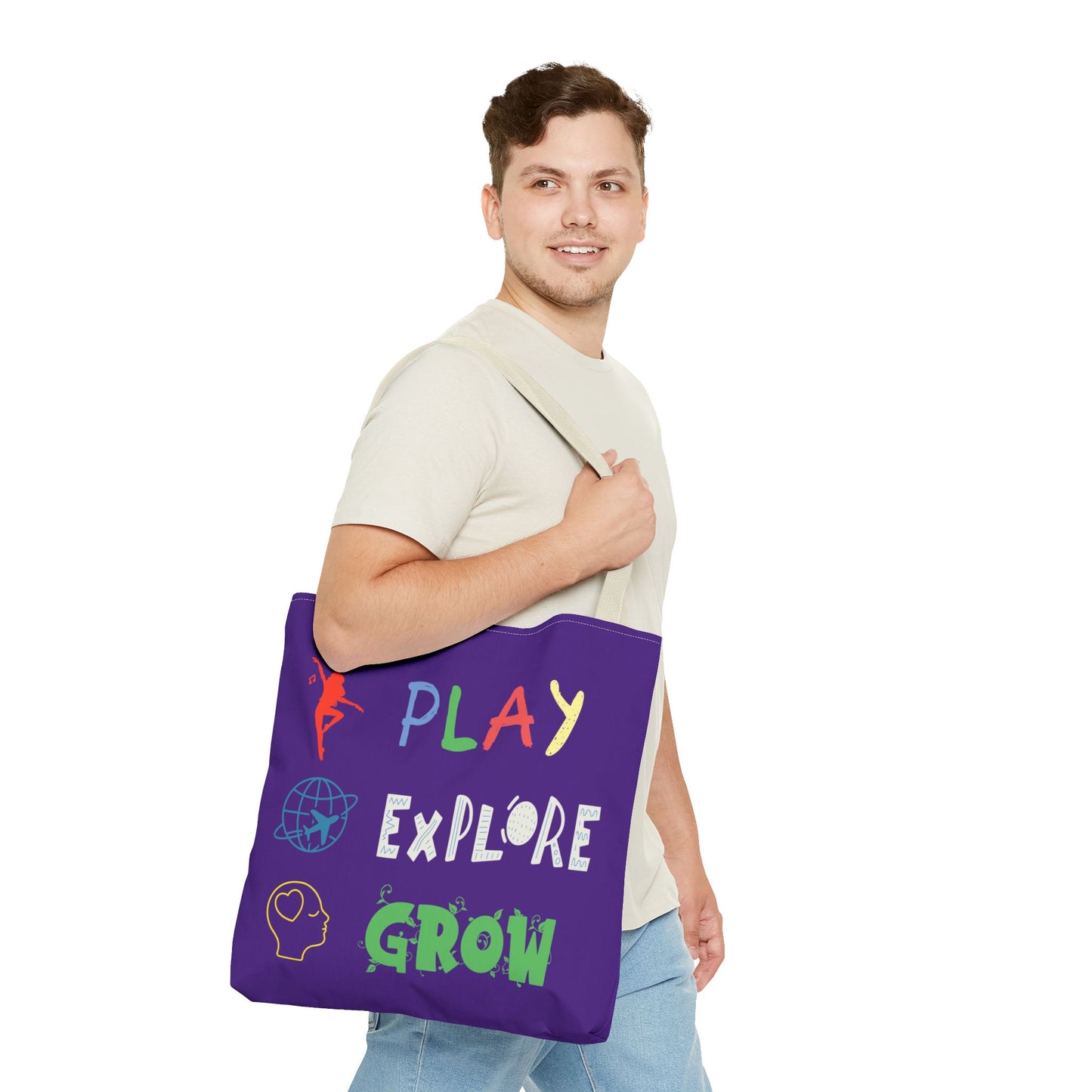 Tote Bag (Purple) | Play Explore Grow | Design for Book Lovers, Students, Teachers, Gifts, Everyday Use
