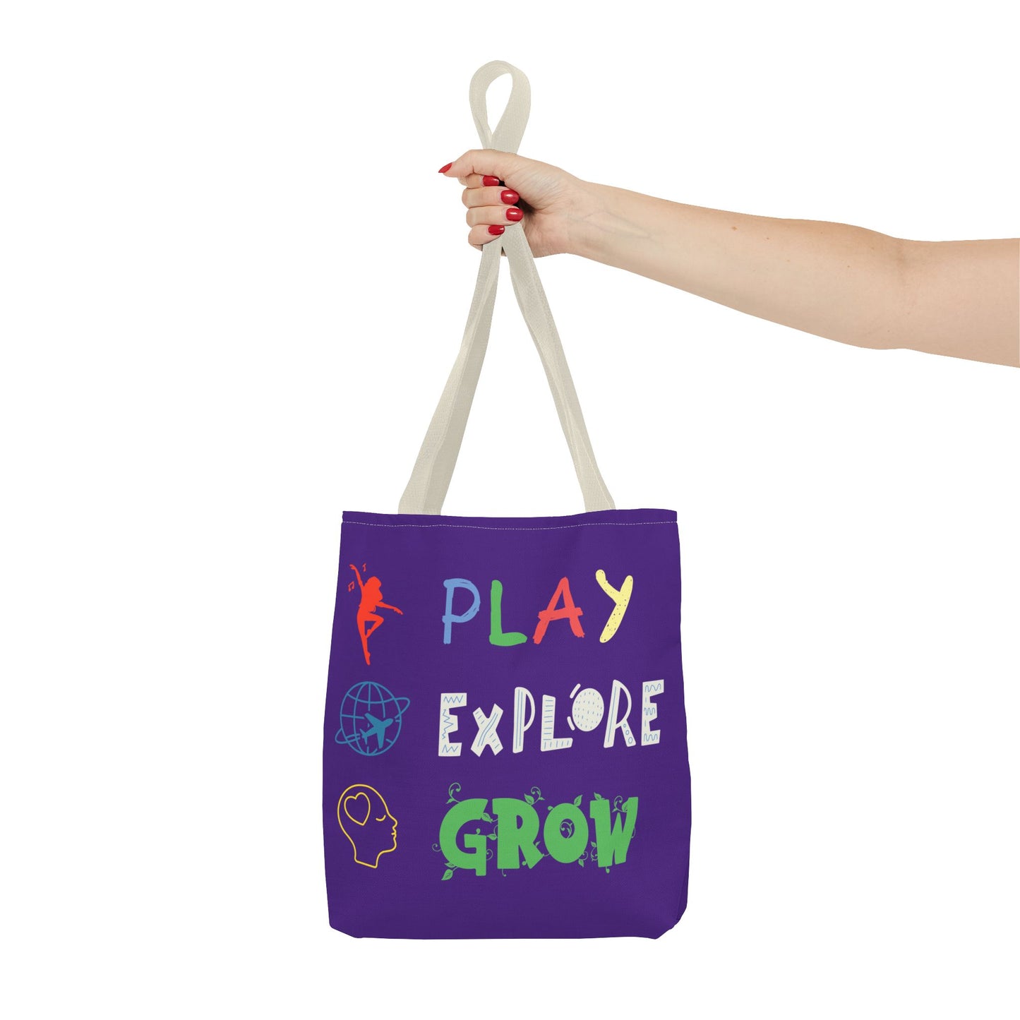 Tote Bag (Purple) | Play Explore Grow | Design for Book Lovers, Students, Teachers, Gifts, Everyday Use