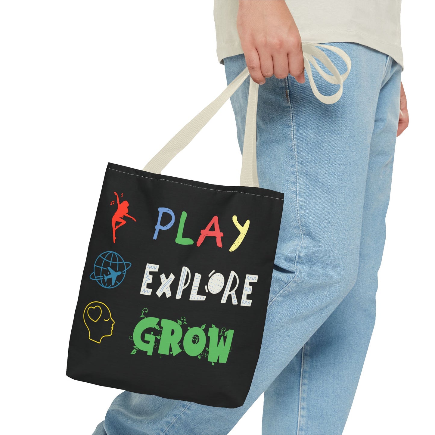 Tote Bag (Black) | Play Explore Grow | Design for Book Lovers, Students, Teachers, Gifts, Everyday Use