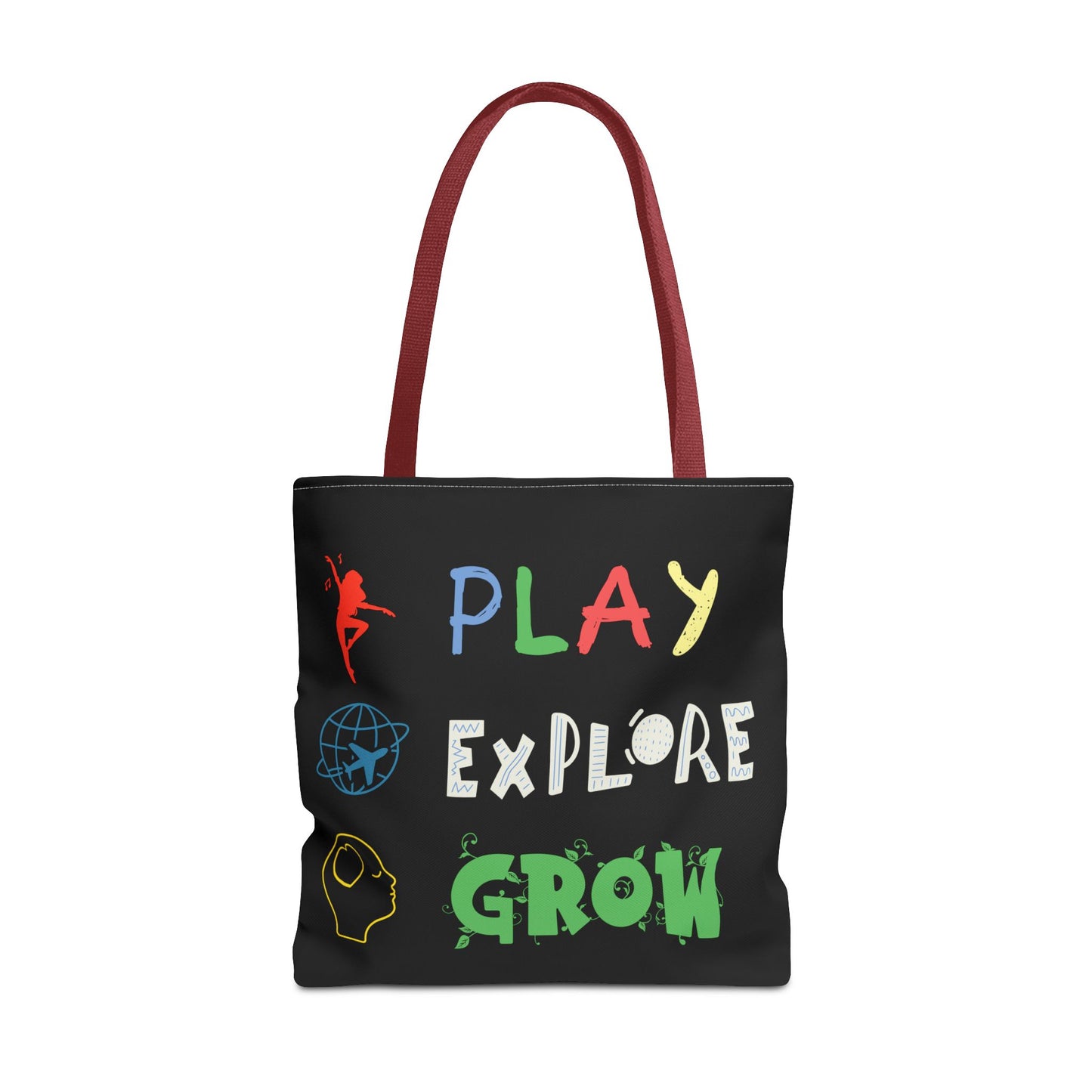 Tote Bag (Black) | Play Explore Grow | Design for Book Lovers, Students, Teachers, Gifts, Everyday Use
