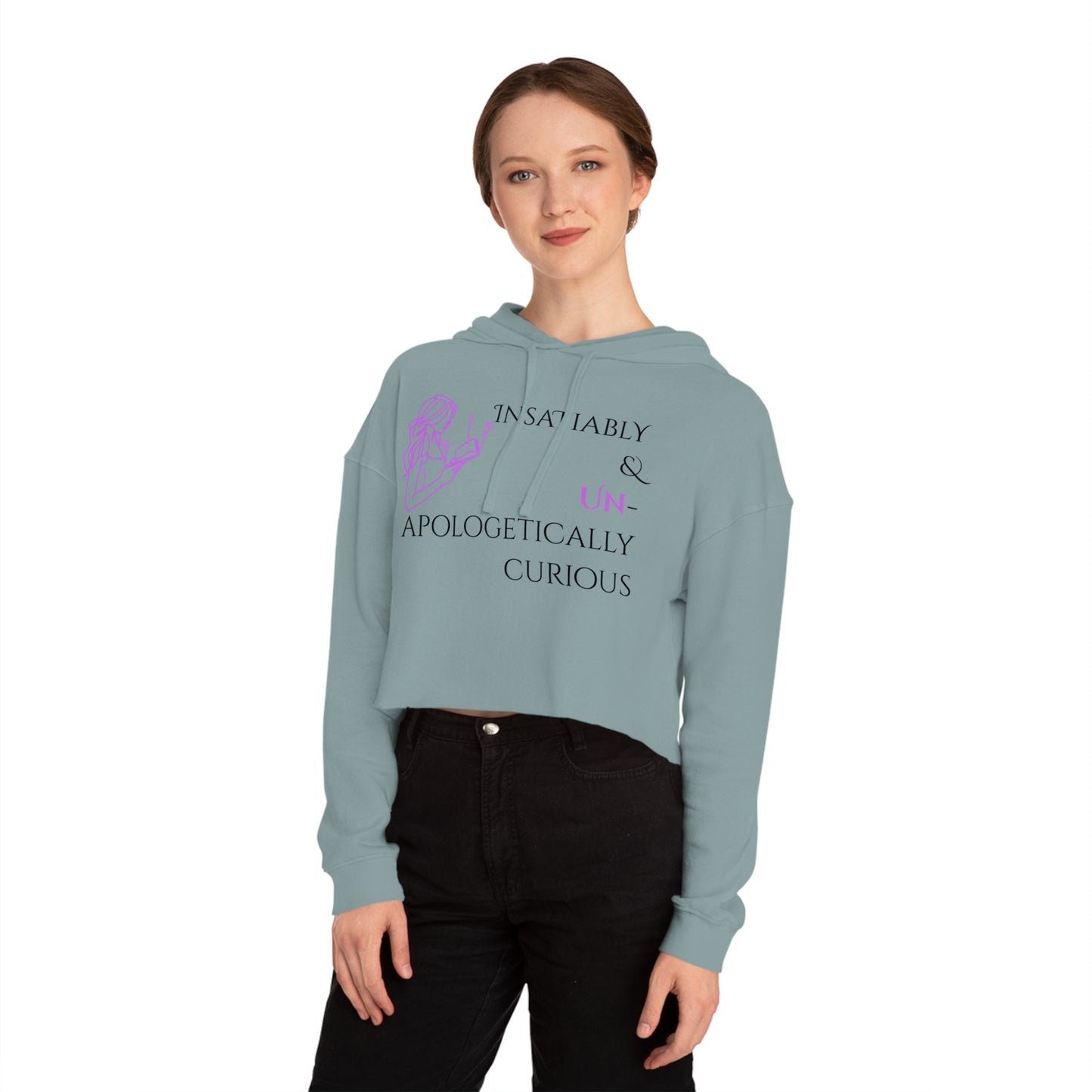 Women’s Cropped Hooded Sweatshirt | Insatiably Curious (Front print)