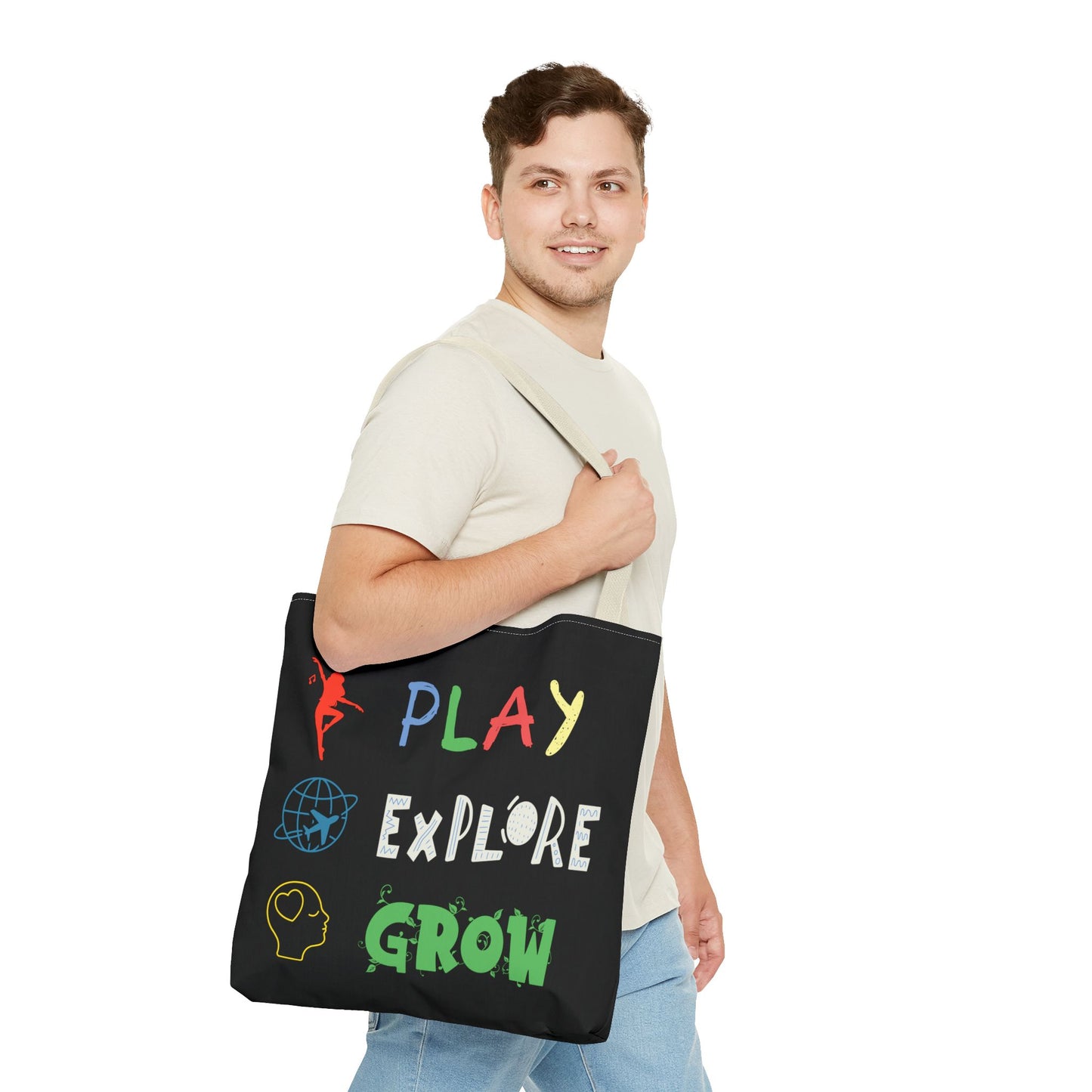 Tote Bag (Black) | Play Explore Grow | Design for Book Lovers, Students, Teachers, Gifts, Everyday Use