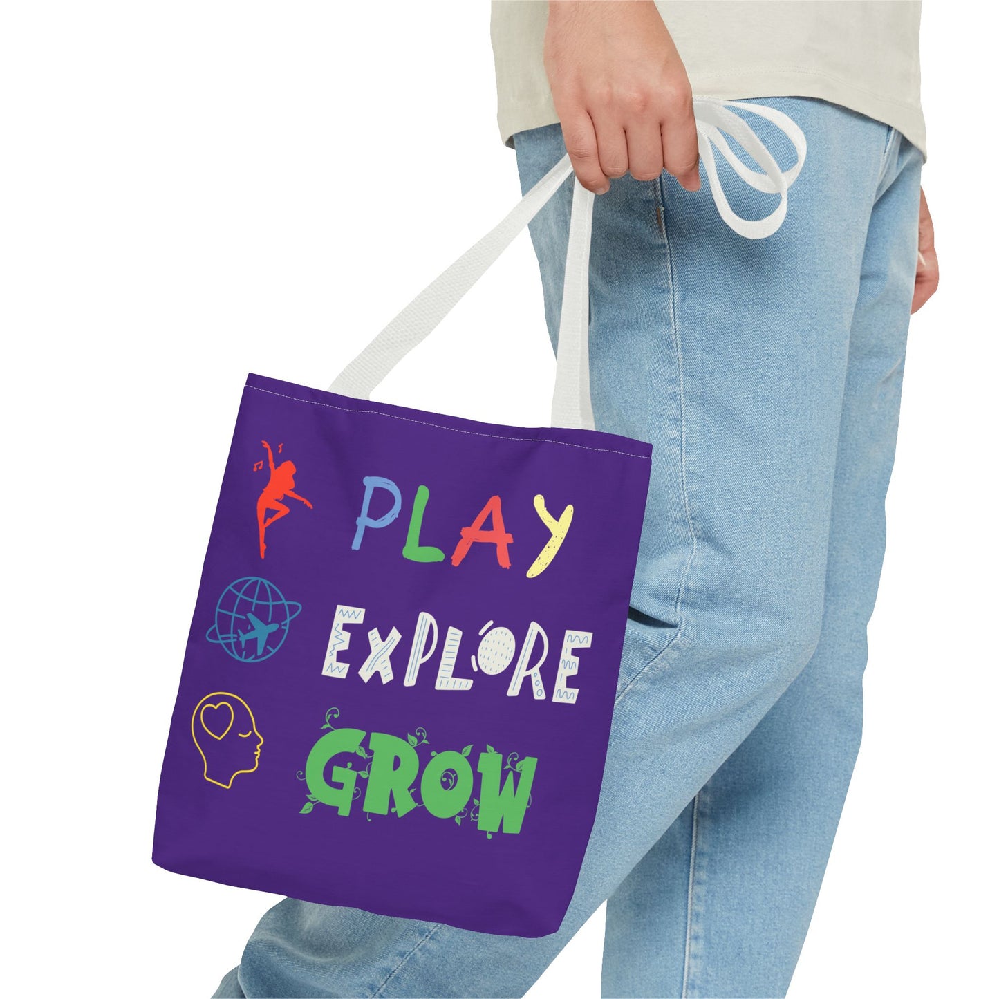 Tote Bag (Purple) | Play Explore Grow | Design for Book Lovers, Students, Teachers, Gifts, Everyday Use
